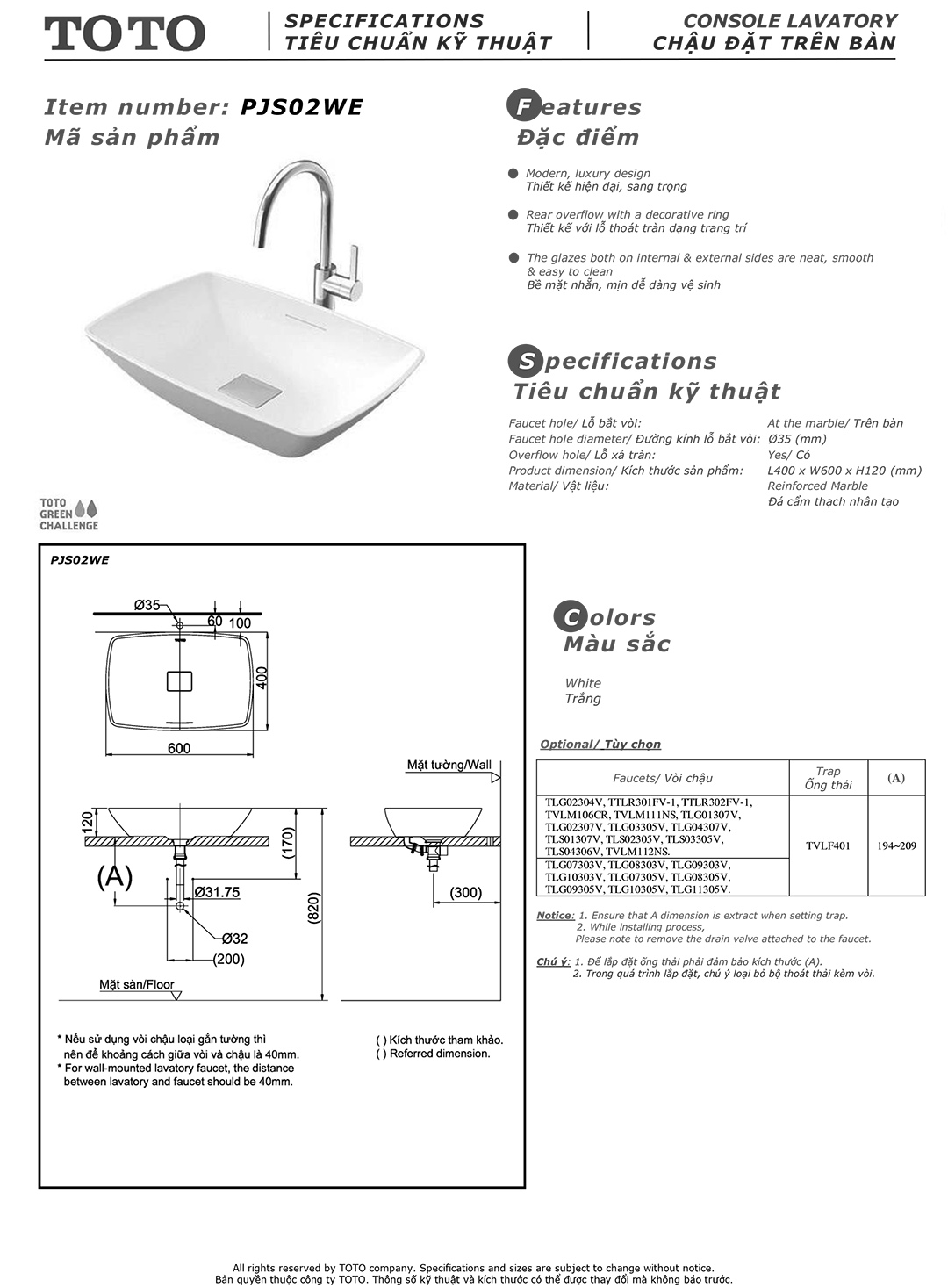 Bản vẽ thông số kỹ thuật và hướng dẫn lắp đặt chậu rửa lavabo cao cấp TOTO PJS02WE