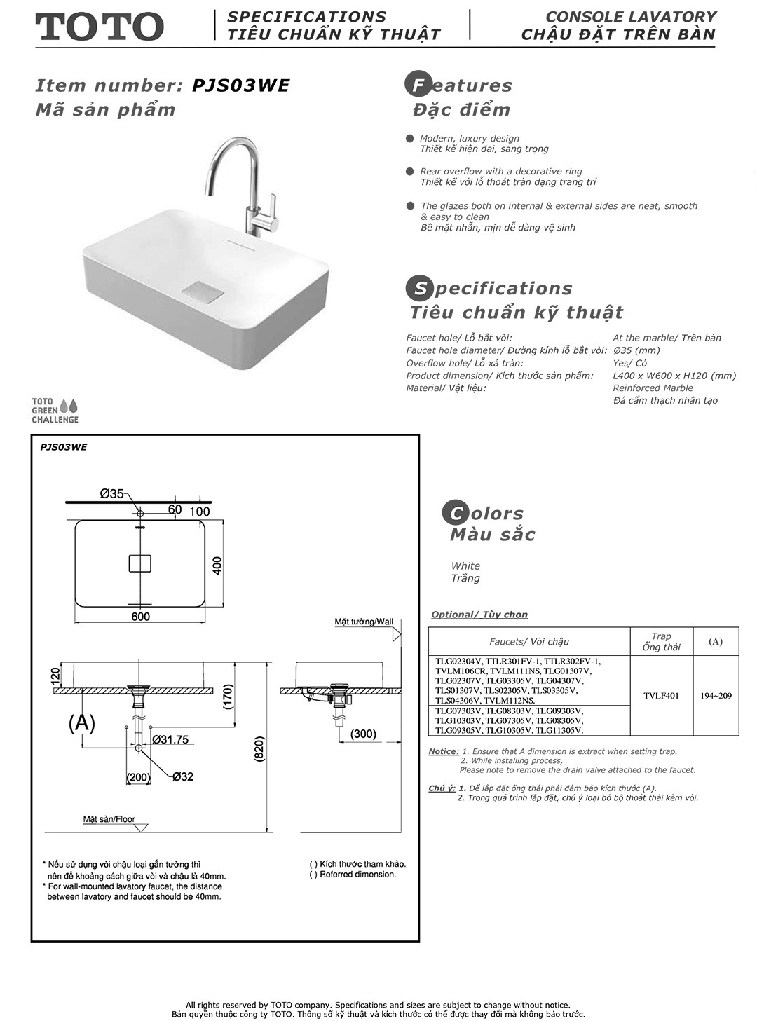 Bản vẽ thông số kỹ thuật và hướng dẫn lắp đặt chậu rửa lavabo cao cấp TOTO PJS03WE