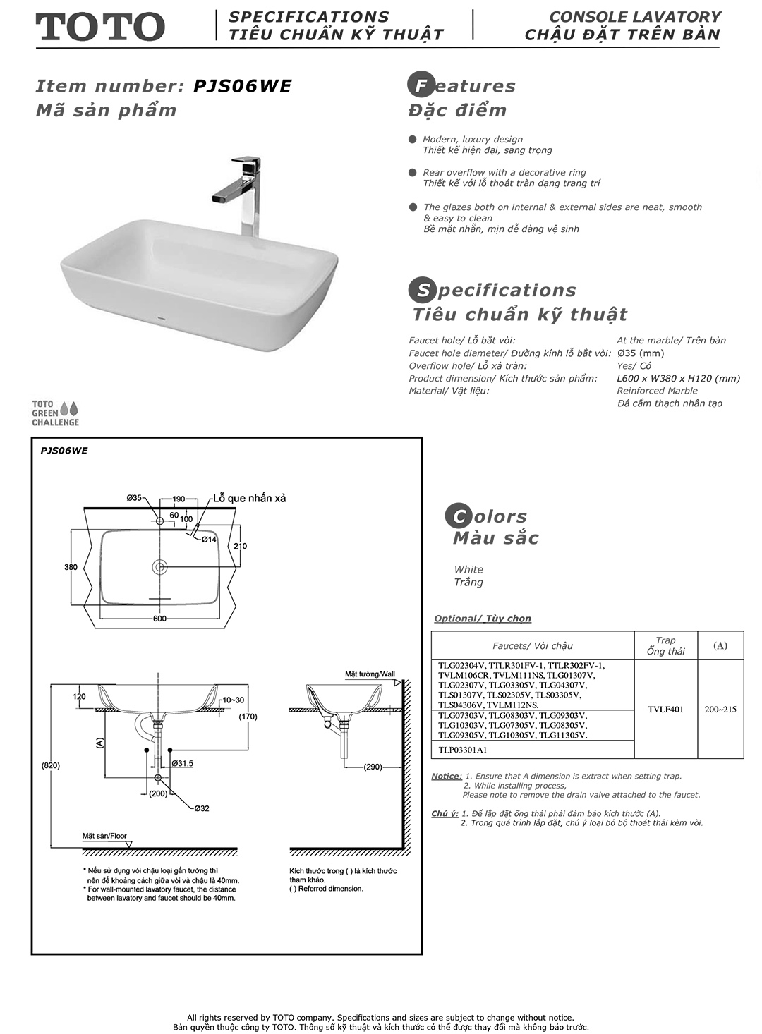 Bản vẽ thông số kỹ thuật và hướng dẫn lắp đặt chậu rửa lavabo cao cấp TOTO PJS06WE