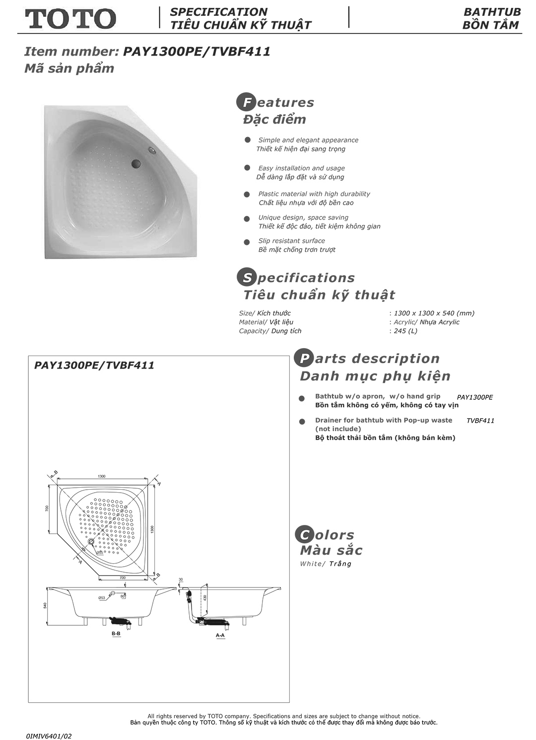 Bản vẽ thông số kỹ thuật và hướng dẫn lắp đặt bồn tắm nằm cao cấp TOTO PAY1300PE chính hãng gía rẻ tại Totovn.net