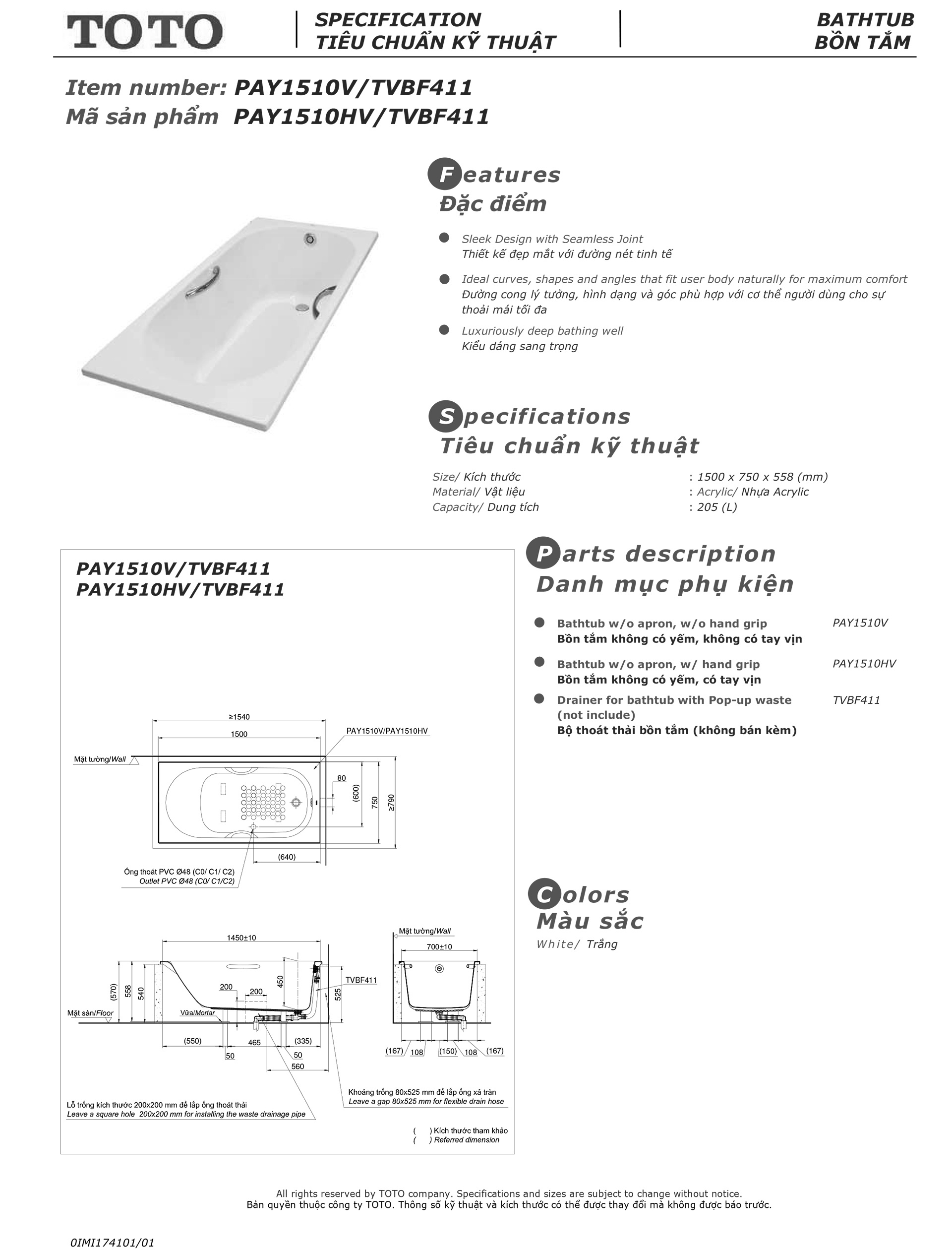 Bản vẽ thông số kỹ thuật và hướng dẫn lắp đặt bồn tắm nằm cao cấp TOTO PAY1510V chính hãng gía rẻ tại Totovn.net