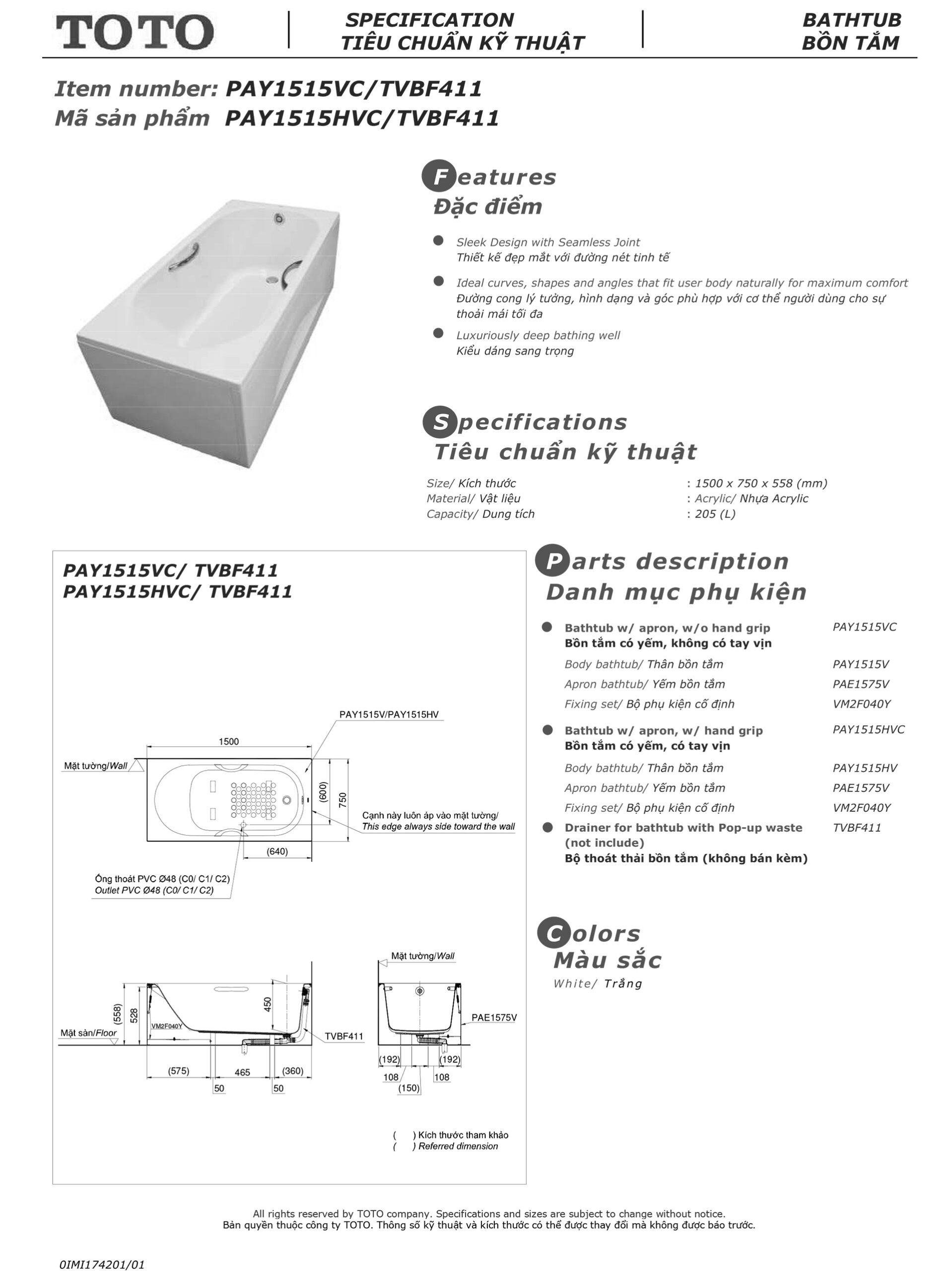 Bản vẽ thông số kỹ thuật và hướng dẫn lắp đặt bồn tắm nằm cao cấp TOTO PAY1515VC chính hãng gía rẻ tại Totovn.net