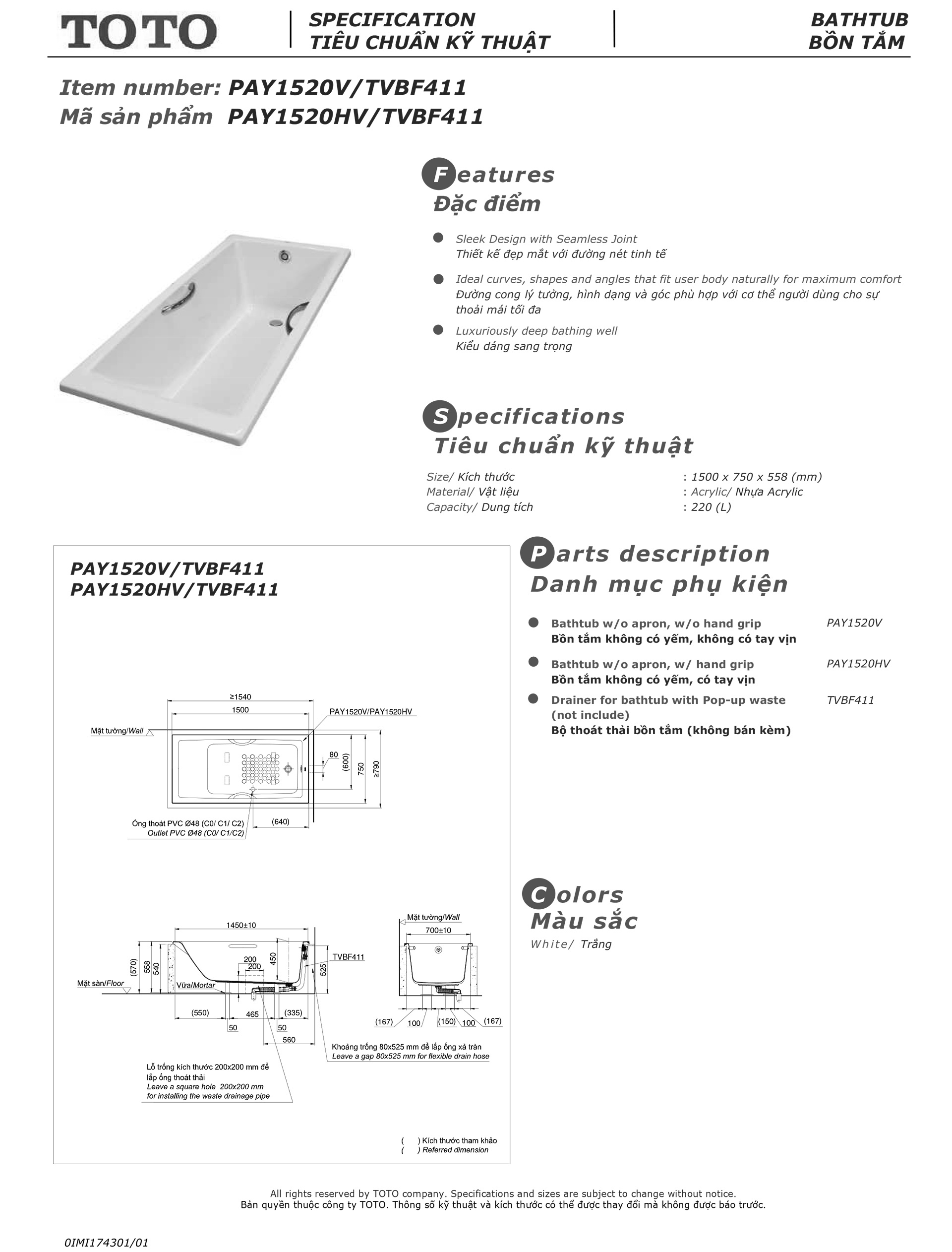 Bản vẽ thông số kỹ thuật và hướng dẫn lắp đặt bồn tắm nằm cao cấp TOTO PAY1520V chính hãng gía rẻ tại Totovn.net