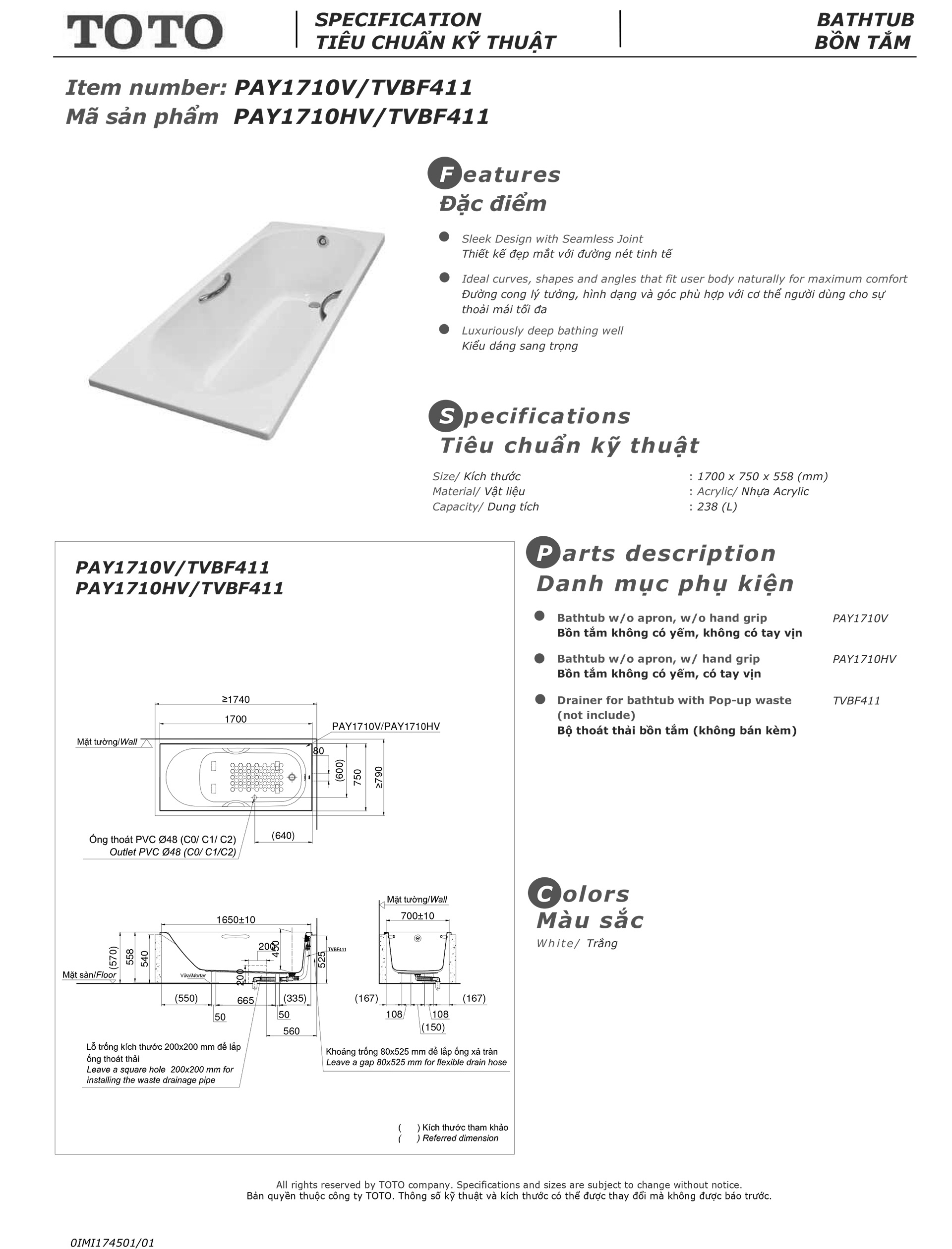 Bản vẽ thông số kỹ thuật và hướng dẫn lắp đặt bồn tắm nằm cao cấp TOTO PAY1710V chính hãng gía rẻ tại Totovn.net