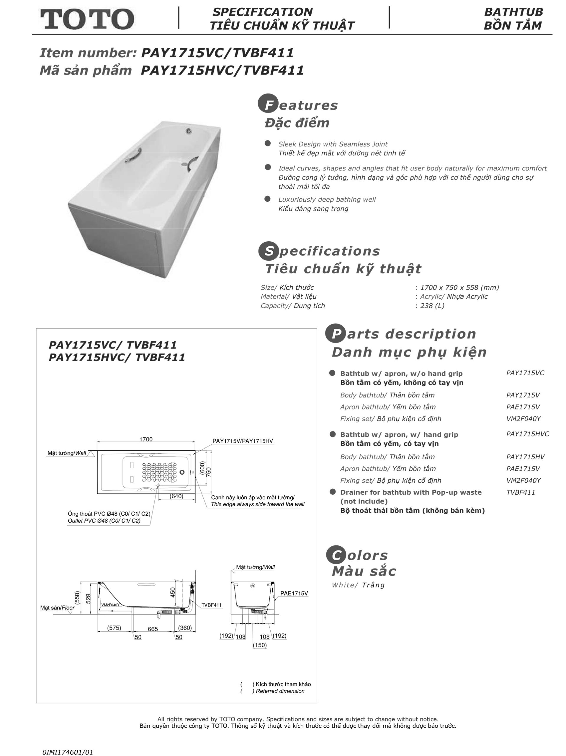 Bản vẽ thông số kỹ thuật và hướng dẫn lắp đặt bồn tắm nằm cao cấp TOTO PAY1715VC chính hãng gía rẻ tại Totovn.net