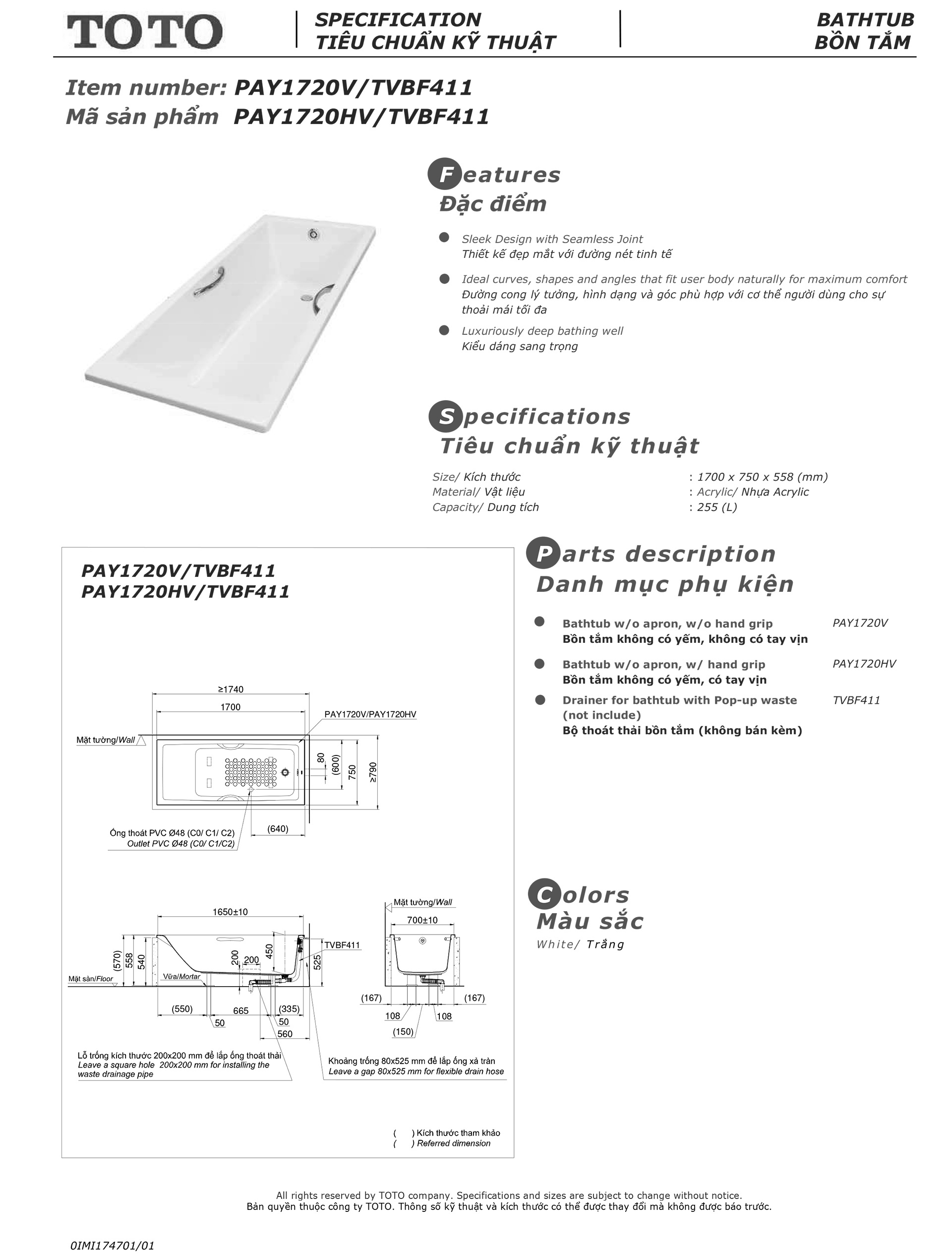 Bản vẽ thông số kỹ thuật và hướng dẫn lắp đặt bồn tắm nằm cao cấp TOTO PAY1720V chính hãng gía rẻ tại Totovn.net