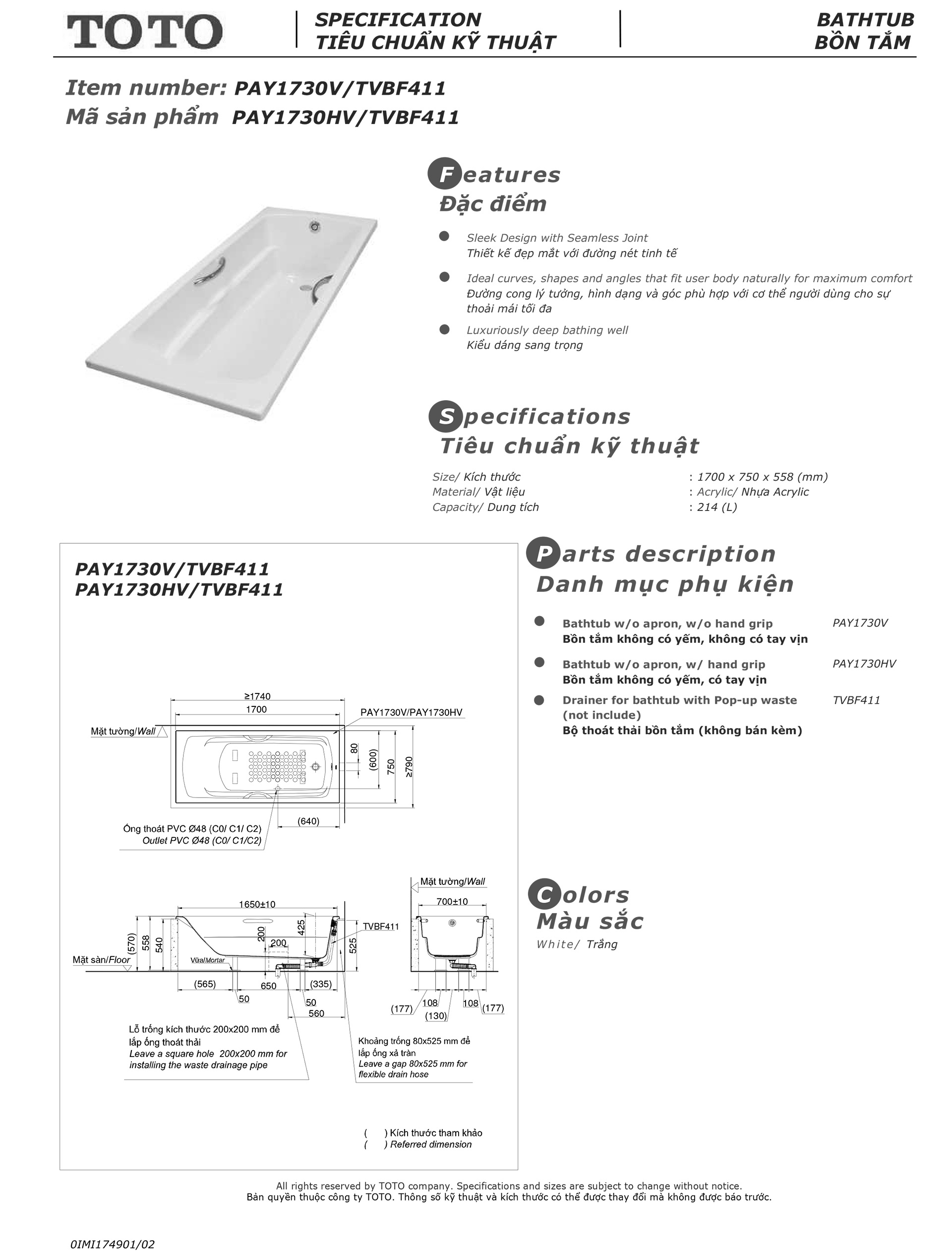 Bản vẽ thông số kỹ thuật và hướng dẫn lắp đặt bồn tắm nằm cao cấp TOTO PAY1730V chính hãng gía rẻ tại Totovn.net