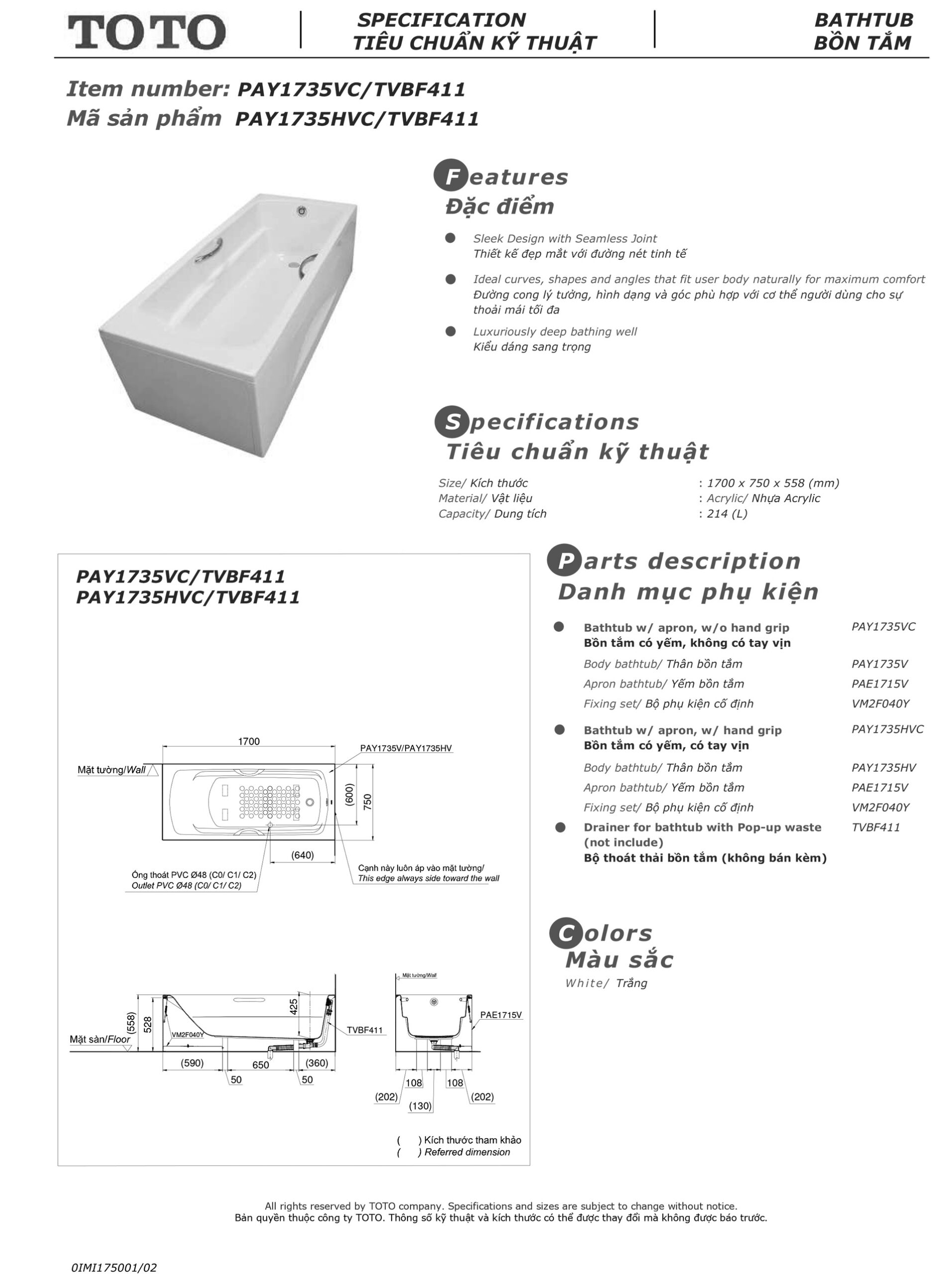 Bản vẽ thông số kỹ thuật và hướng dẫn lắp đ Bản vẽ thông số kỹ thuật và hướng dẫn lắp đặt bồn tắm nằm cao cấp TOTO PAY1735VC chính hãng gía rẻ tại Totovn.net
