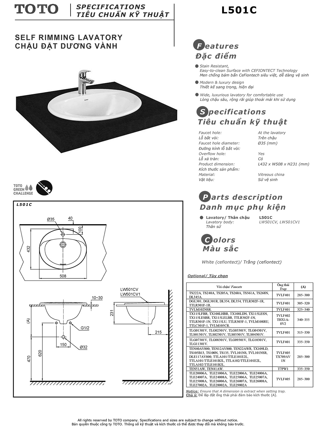 Bản vẽ thông số chậu rửa lavabo cao cấp TOTO L501C Bản vẽ thông số kỹ thuật và hướng dẫn lắp đặt chậu rửa lavabo cao cấp TOTO L501C chính hãng giá rẻ tại Totovn.net