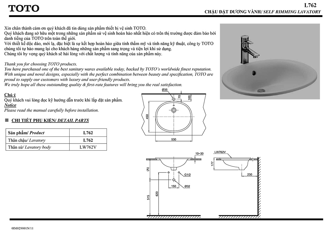 Bản vẽ thông số chậu rửa lavabo cao cấp TOTO L762 Bản vẽ thông số kỹ thuật và hướng dẫn lắp đặt chậu rửa lavabo cao cấp TOTO L762 chính hãng giá rẻ tại Totovn.net