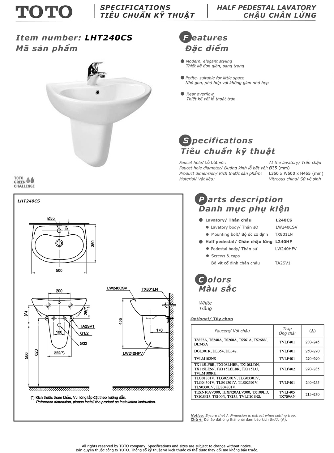 Bản vẽ thông số kỹ thuật và hướng dẫn lắp đặt chậu rửa lavabo cao cấp TOTO LHT240CS chính hãng giá rẻ tại Totovn.net