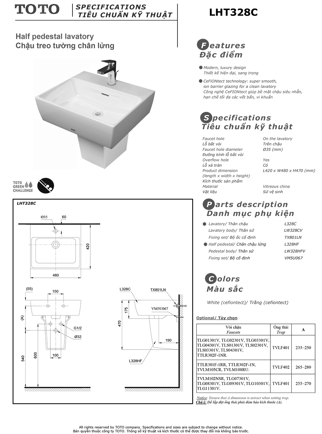 Chậu rửa mặt lavabo treo tường nhỏ gọn TOTO LHT328C chính hãng giá rẻ tại totovn.net
