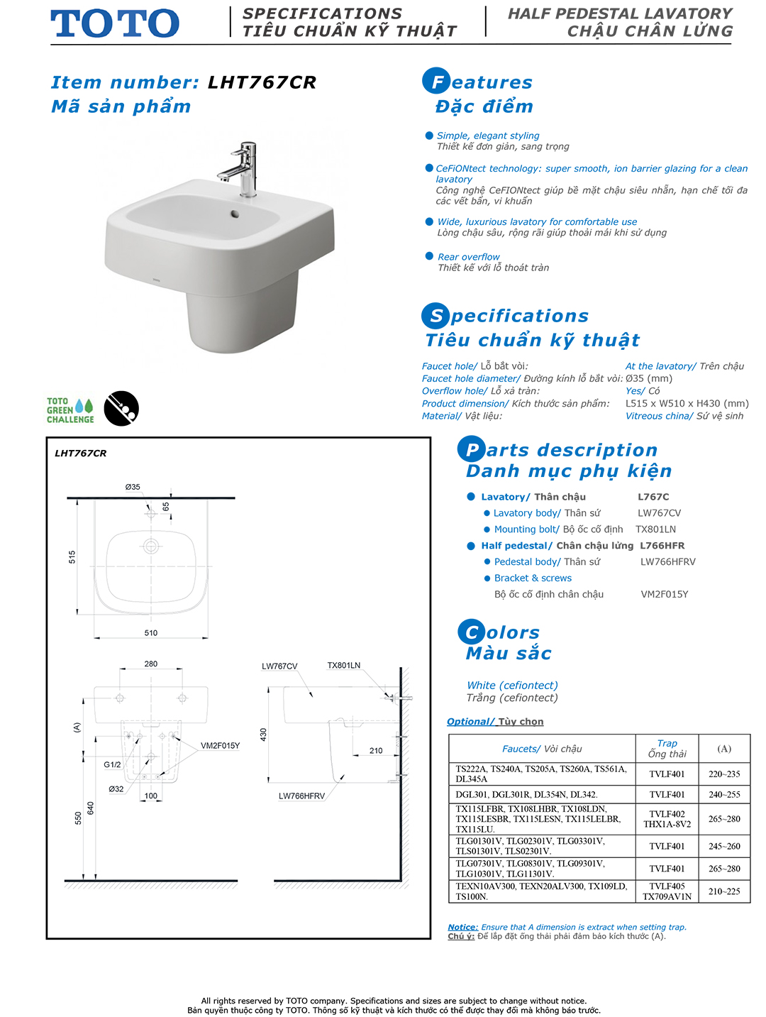 Bản vẽ thông số chậu rửa lavabo cao cấp TOTO LHT767 Chậu rửa mặt lavabo treo tường nhỏ gọn TOTO LHT767CR chính hãng giá rẻ tại totovn.net