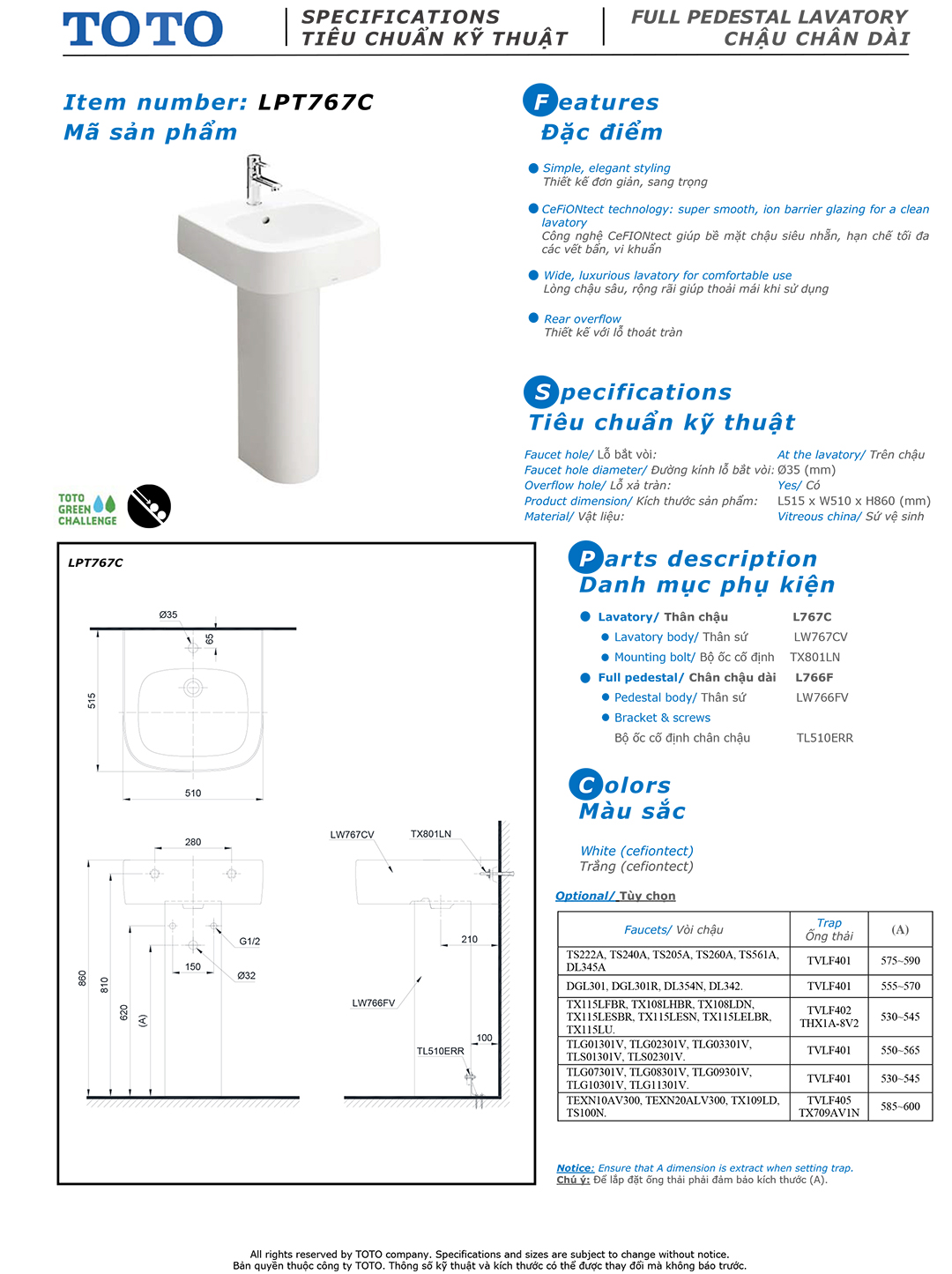 Bản vẽ thông số chậu rửa lavabo cao cấp TOTO LPT767 Chậu rửa mặt lavabo treo tường nhỏ gọn TOTO LPT767C chính hãng giá rẻ tại totovn.net