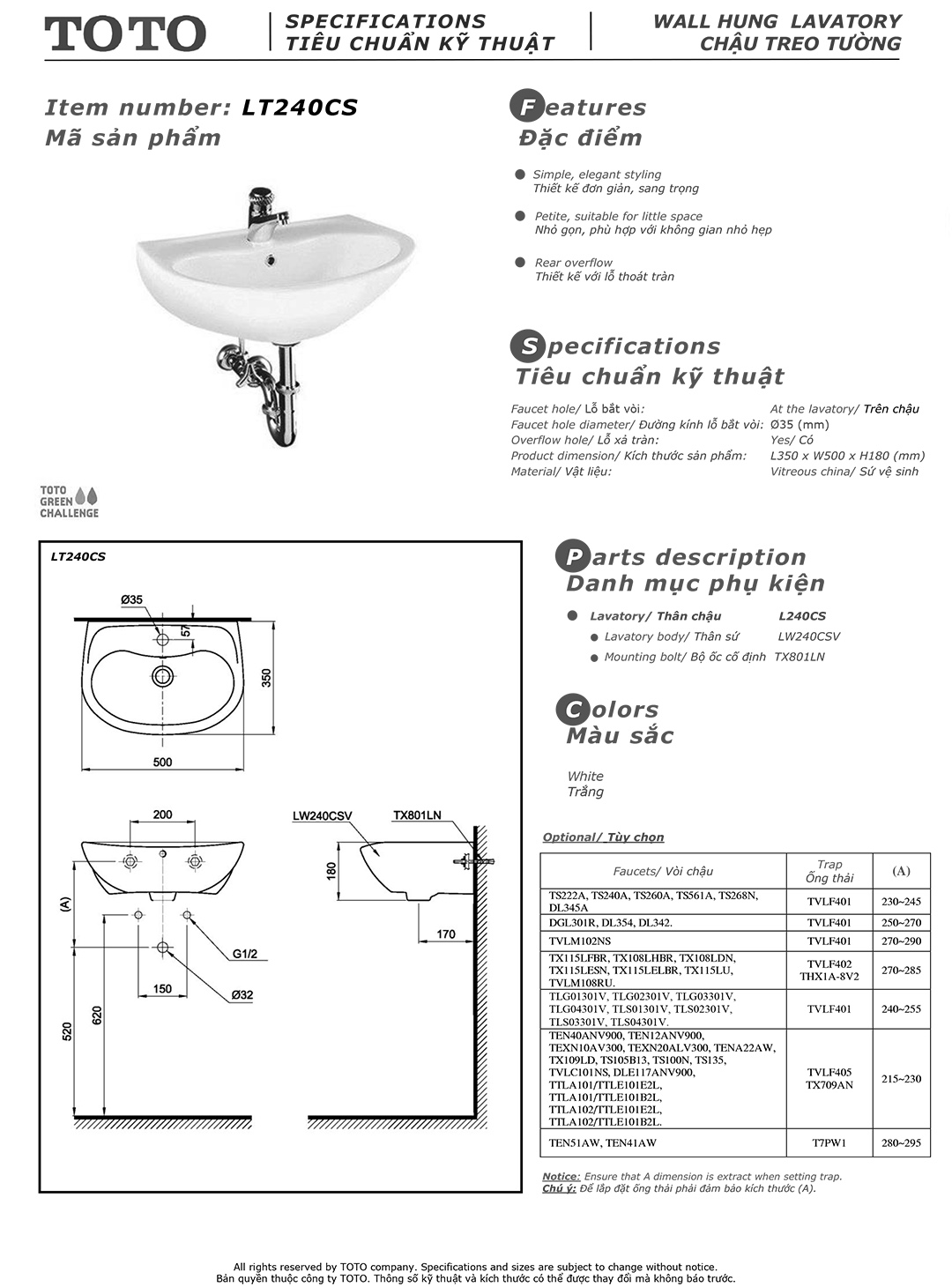 Bản vẽ thông số chậu rửa lavabo cao cấp TOTO LT240C Bản vẽ thông số kỹ thuật và hướng dẫn lắp đặt chậu rửa lavabo cao cấp TOTO LT240CS chính hãng giá rẻ tại Totovn.net
