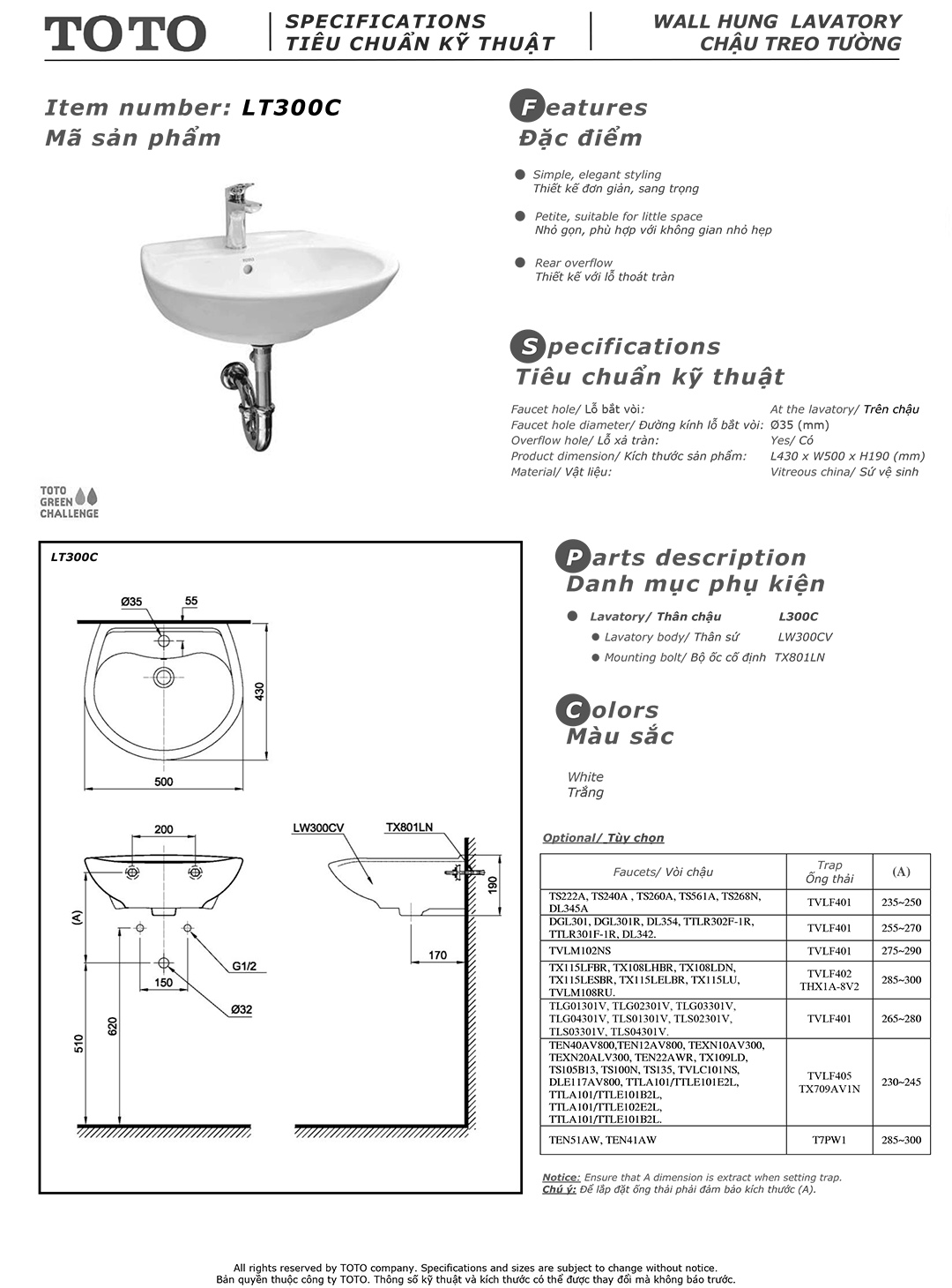 Bản vẽ thông số kỹ thuật và hướng dẫn lắp đặt chậu rửa lavabo cao cấp TOTO LT300C chính hãng giá rẻ tại Totovn.net