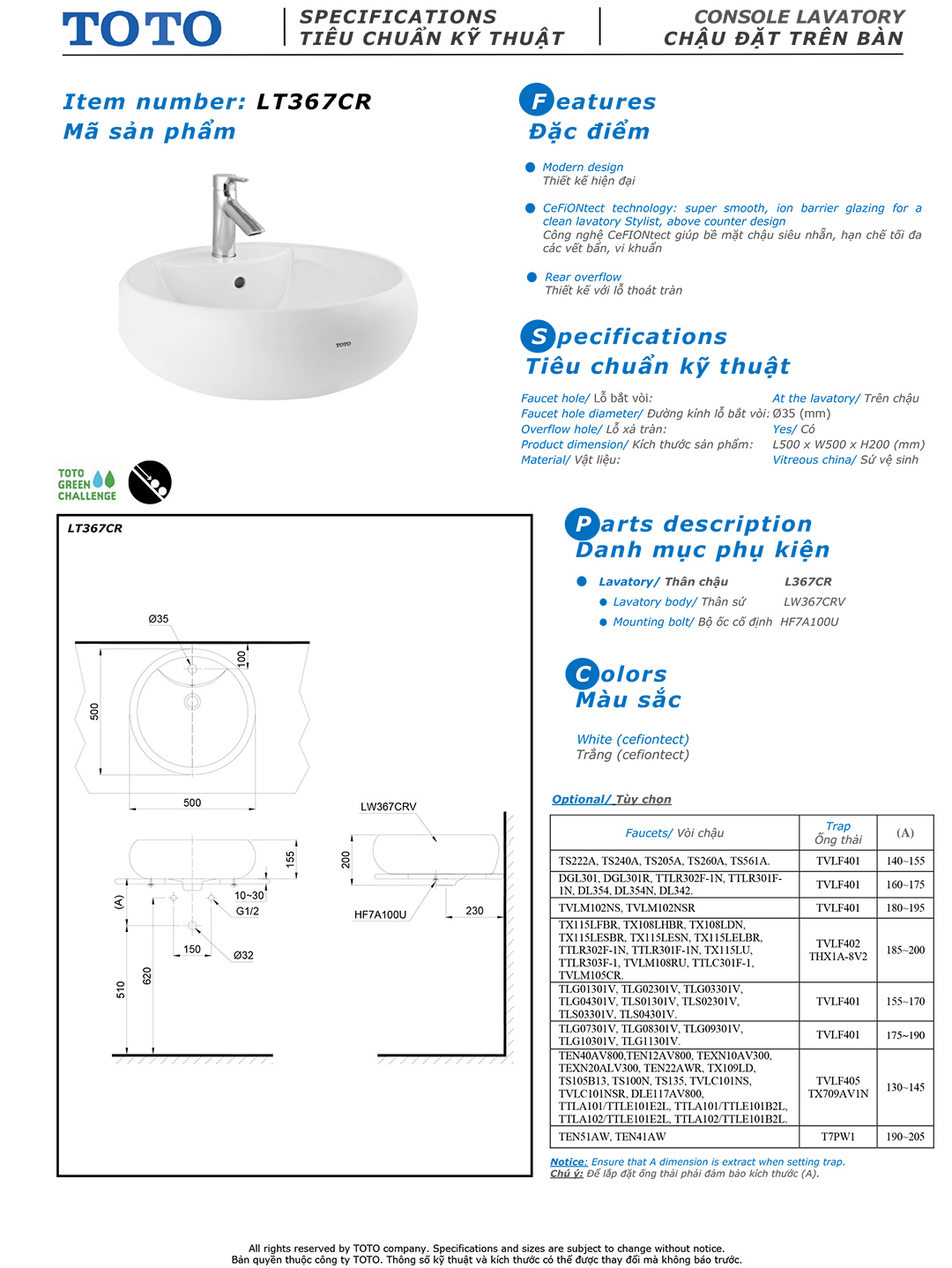 Bản vẽ thông số kỹ thuật và hướng dẫn lắp đ Bản vẽ thông số kỹ thuật và hướng dẫn lắp đặt chậu rửa lavabo cao cấp TOTO LT367CR chính hãng giá rẻ tại Totovn.net