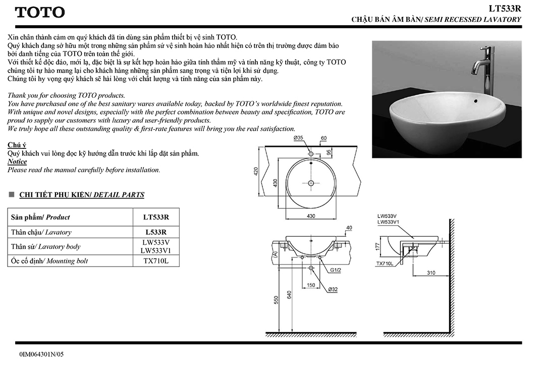 Bản vẽ thông số chậu rửa lavabo cao cấp TOTO LT53 Bản vẽ thông số kỹ thuật và hướng dẫn lắp đặt chậu rửa lavabo cao cấp TOTO LT533R chính hãng giá rẻ tại Totovn.net