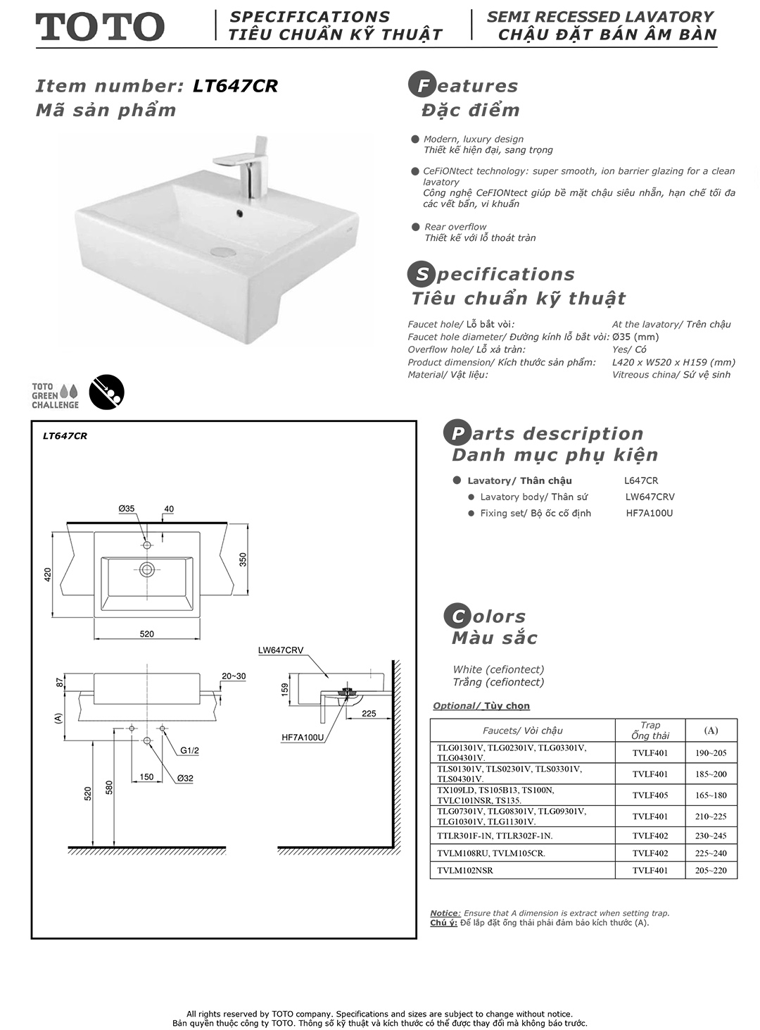 Bản vẽ thông số chậu rửa lavabo cao cấp TOTO LT647C Bản vẽ thông số kỹ thuật và hướng dẫn lắp đặt chậu rửa lavabo cao cấp TOTO LT647CR chính hãng giá rẻ tại Totovn.net