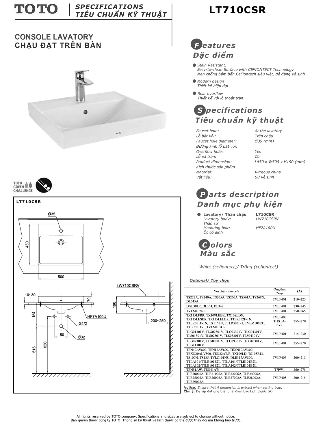 Bản vẽ thông số chậu rửa lavabo cao cấp TOTO LT710C Bản vẽ thông số kỹ thuật và hướng dẫn lắp đặt chậu rửa lavabo cao cấp TOTO LT710CSR chính hãng giá rẻ tại Totovn.net