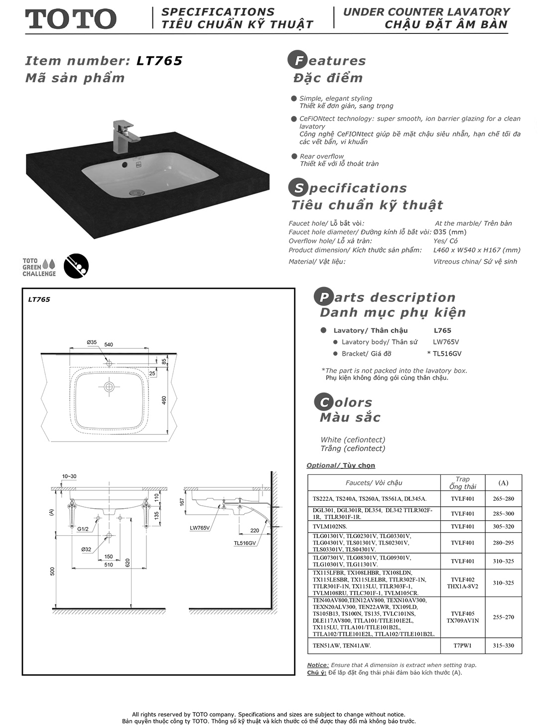 Bản vẽ thông số chậu rửa lavabo cao cấp TOTO LT765 Bản vẽ thông số kỹ thuật và hướng dẫn lắp đặt chậu rửa lavabo cao cấp TOTO LT765 chính hãng giá rẻ tại Totovn.net