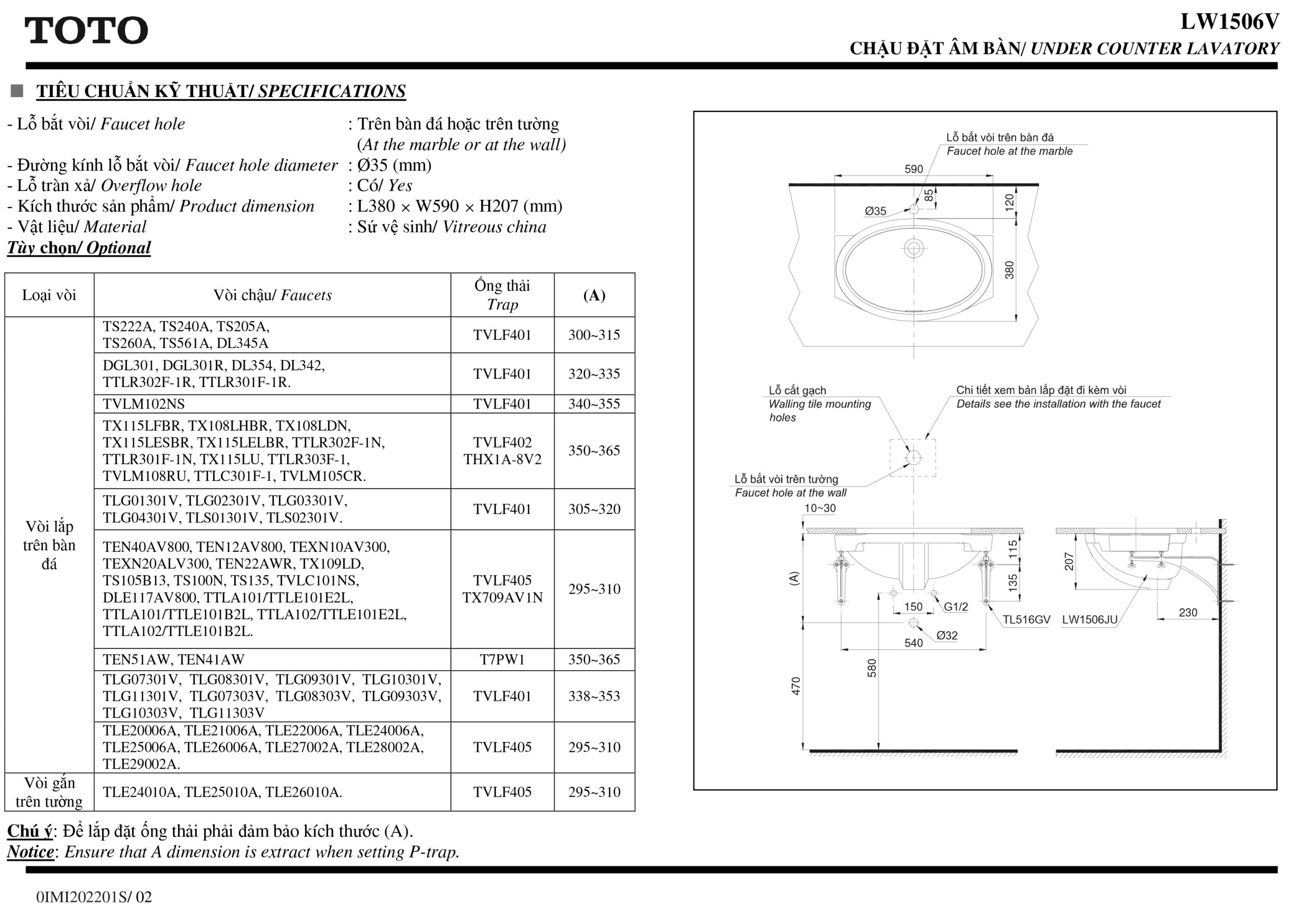Bản vẽ thông số chậu rửa lavabo cao cấp TOTO LW5106