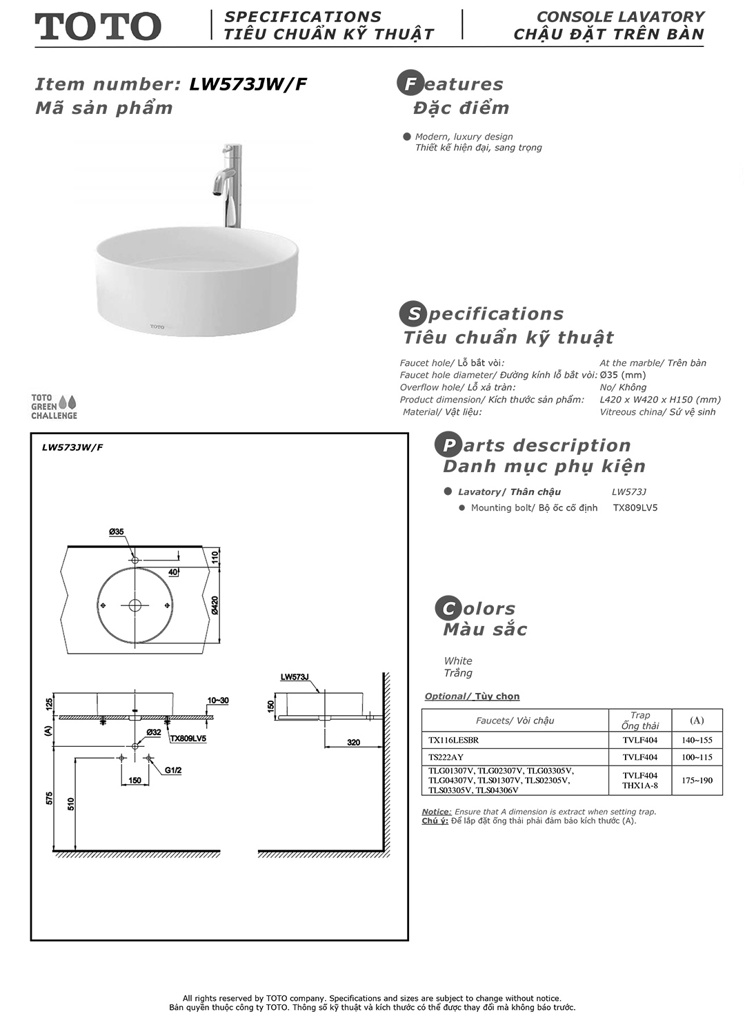 Bản vẽ thông số chậu rửa lavabo cao cấp TOTO LW573J