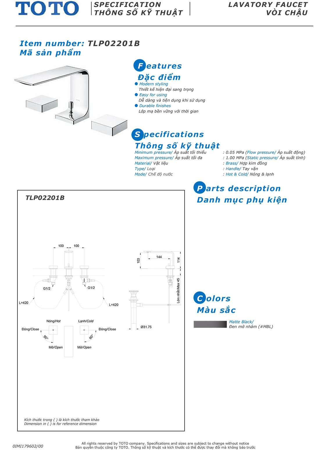 Bản vẽ thông số kỹ thuật của vòi chậu rửa lavabo nóng lạnh TOTO TLP02201B chính hãng gía rẻ tại Totovn.net