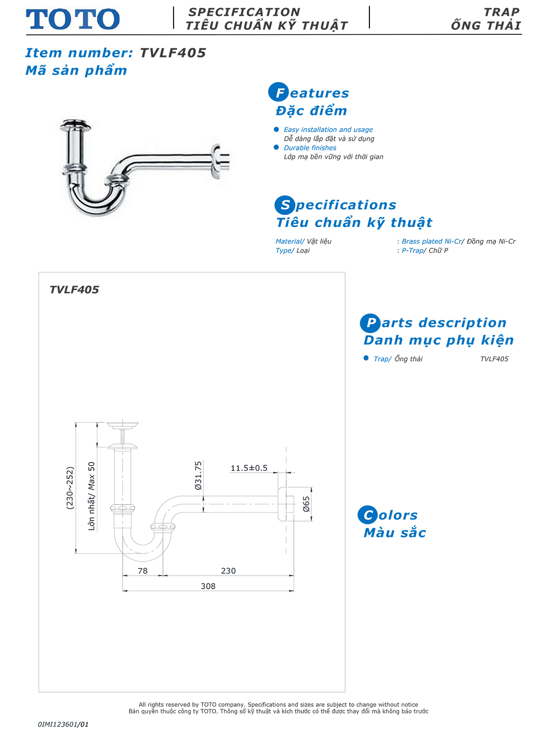 Ban ve thong so ong thai chu P lavabo Toto TVLF405 Ban ve thong so ky thuat ong thai thoat nuoc chong hoi chau rua mat lavabo Toto TVLF405 chinh hang gia re tai Totovn.net