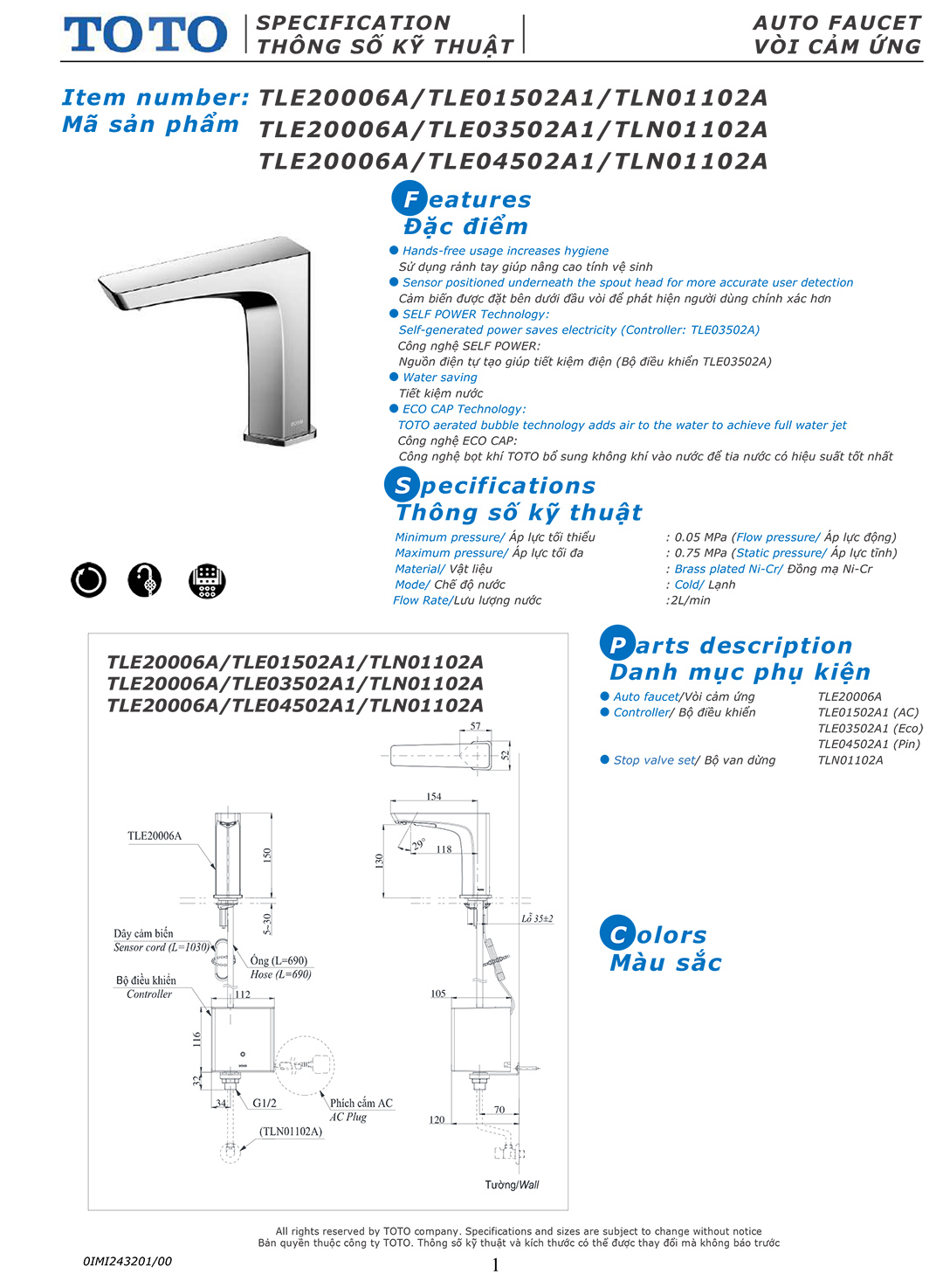 Bản vẽ thông số kỹ thuật của vòi chậu rửa lavabo cảm ứng tự động đóng mở nước TOTO TLE20006A chính hãng gía rẻ tại Totovn.net