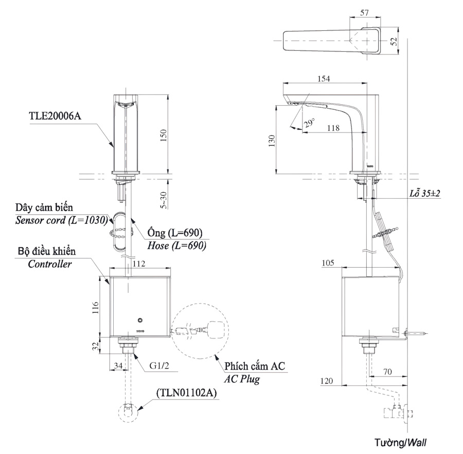 Thông tin chi tiết về vòi lavabo TLE21006A cảm ứng tự động (Loại gắn bàn)