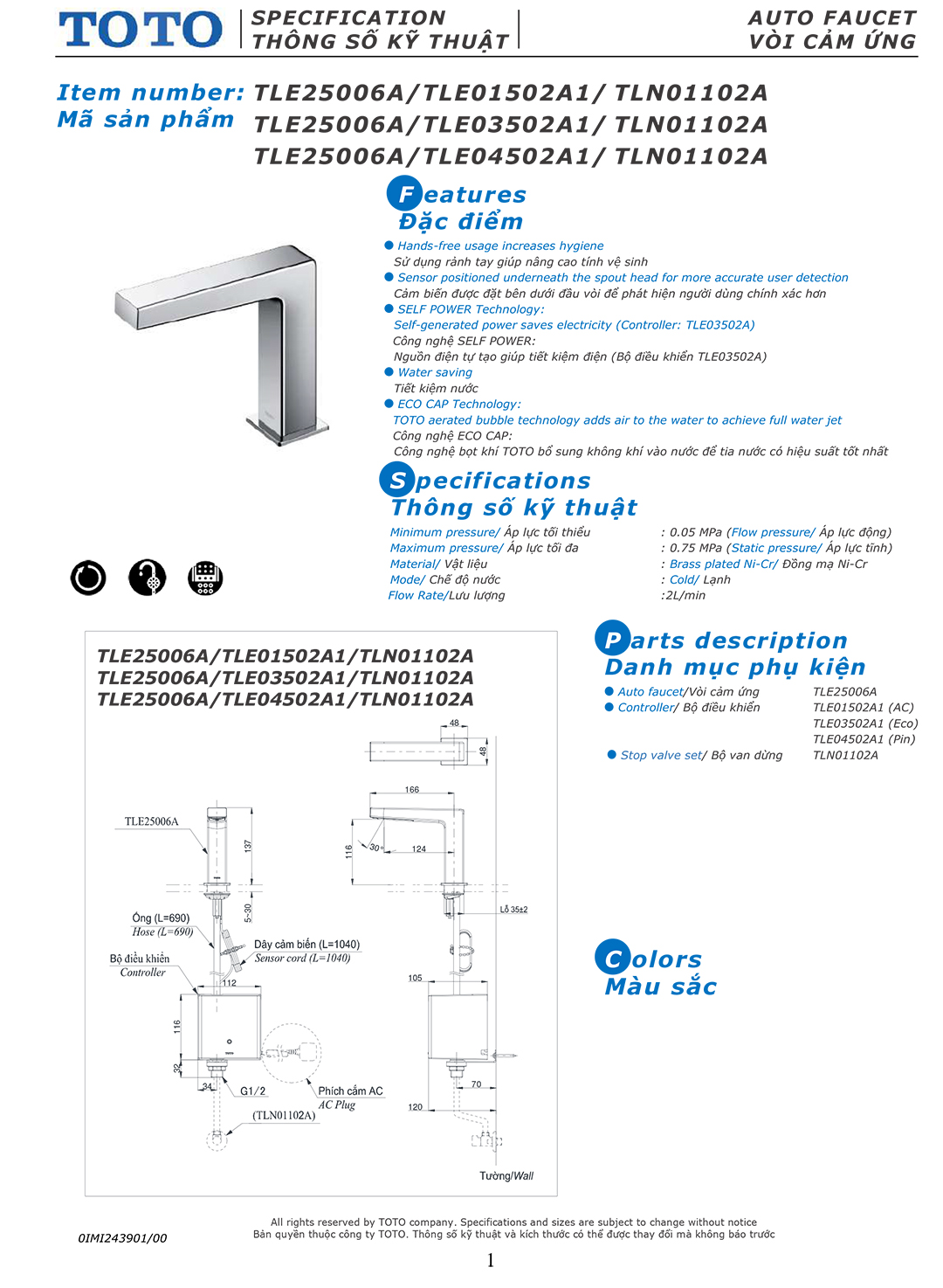 Ban ve thong so voi rua lavabo cam ung tu dong dong mo nuoc Toto Ban ve thong so ky thuat voi chau rua lavabo cam ung tu dong dong mo nuoc Toto TLE25006A chinh hang gia re tai Totovn.net