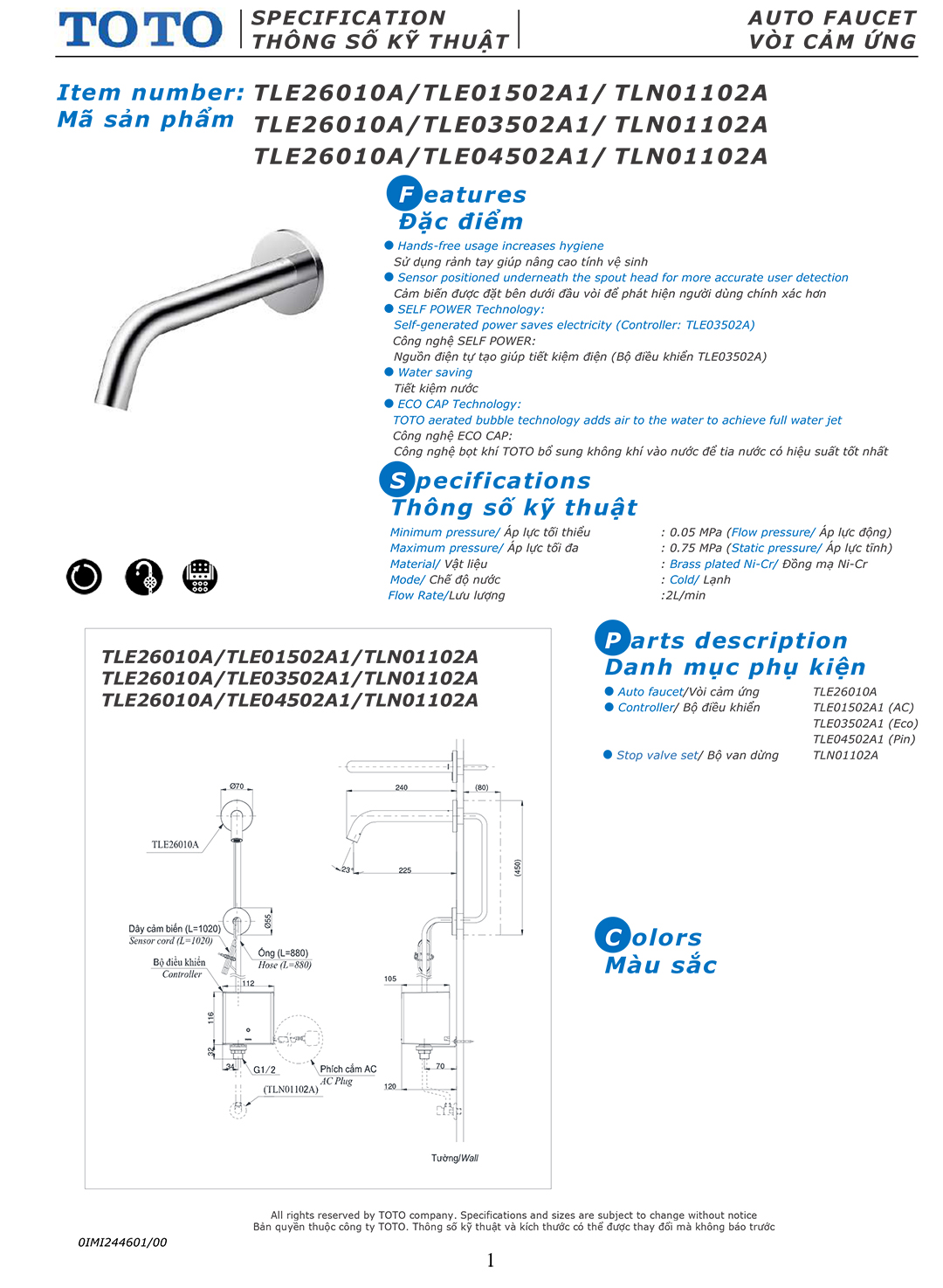 Ban ve thong so voi rua lavabo cam ung tu dong dong mo nuoc Toto Ban ve thong so ky thuat voi chau rua lavabo cam ung tu dong dong mo nuoc Toto TLE26010A chinh hang gia re tai Totovn.net