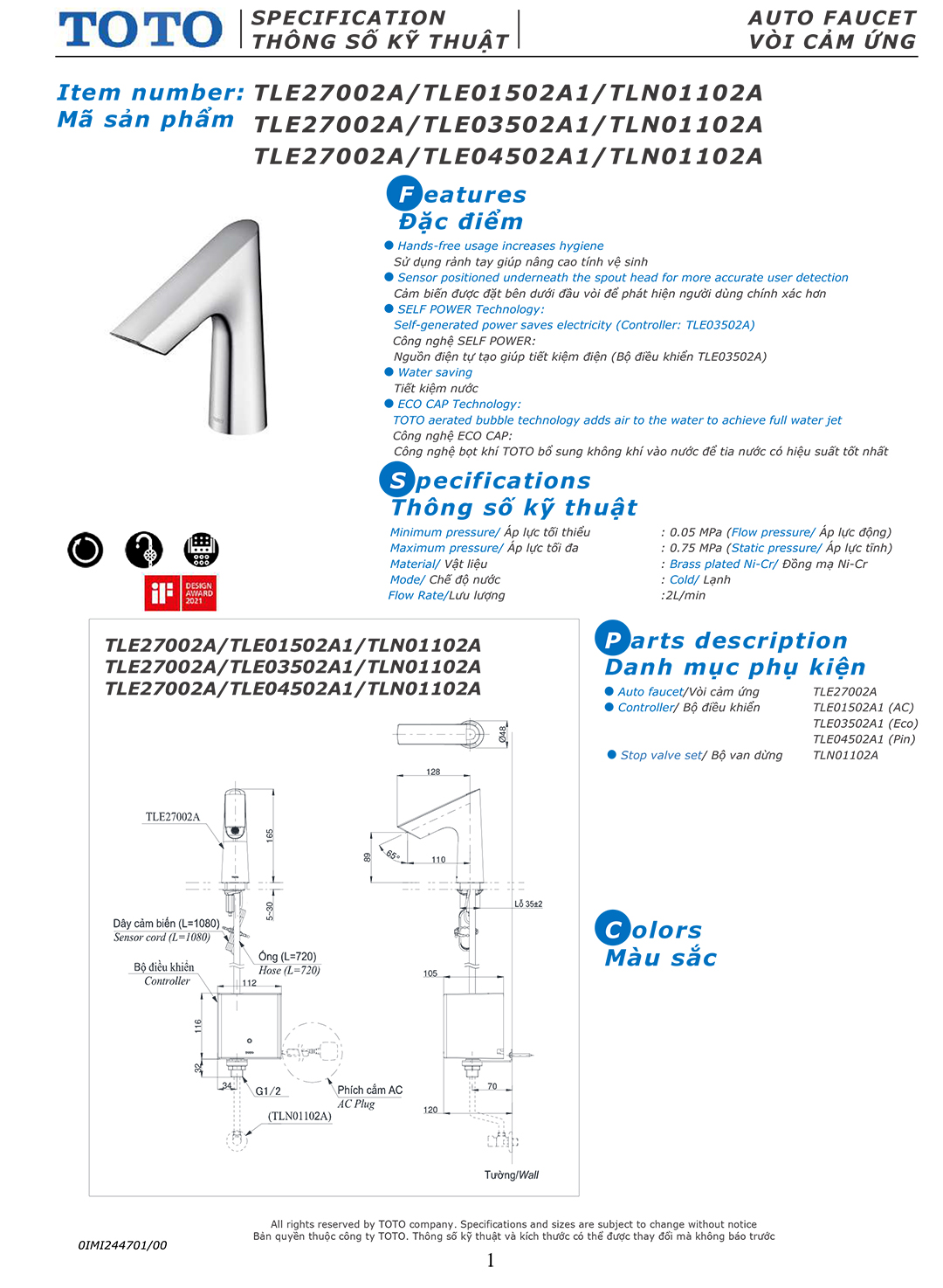 Ban ve thong so voi rua lavabo cam ung tu dong dong mo nuoc Toto Ban ve thong so ky thuat voi chau rua lavabo cam ung tu dong dong mo nuoc Toto TLE27002A chinh hang gia re tai Totovn.net