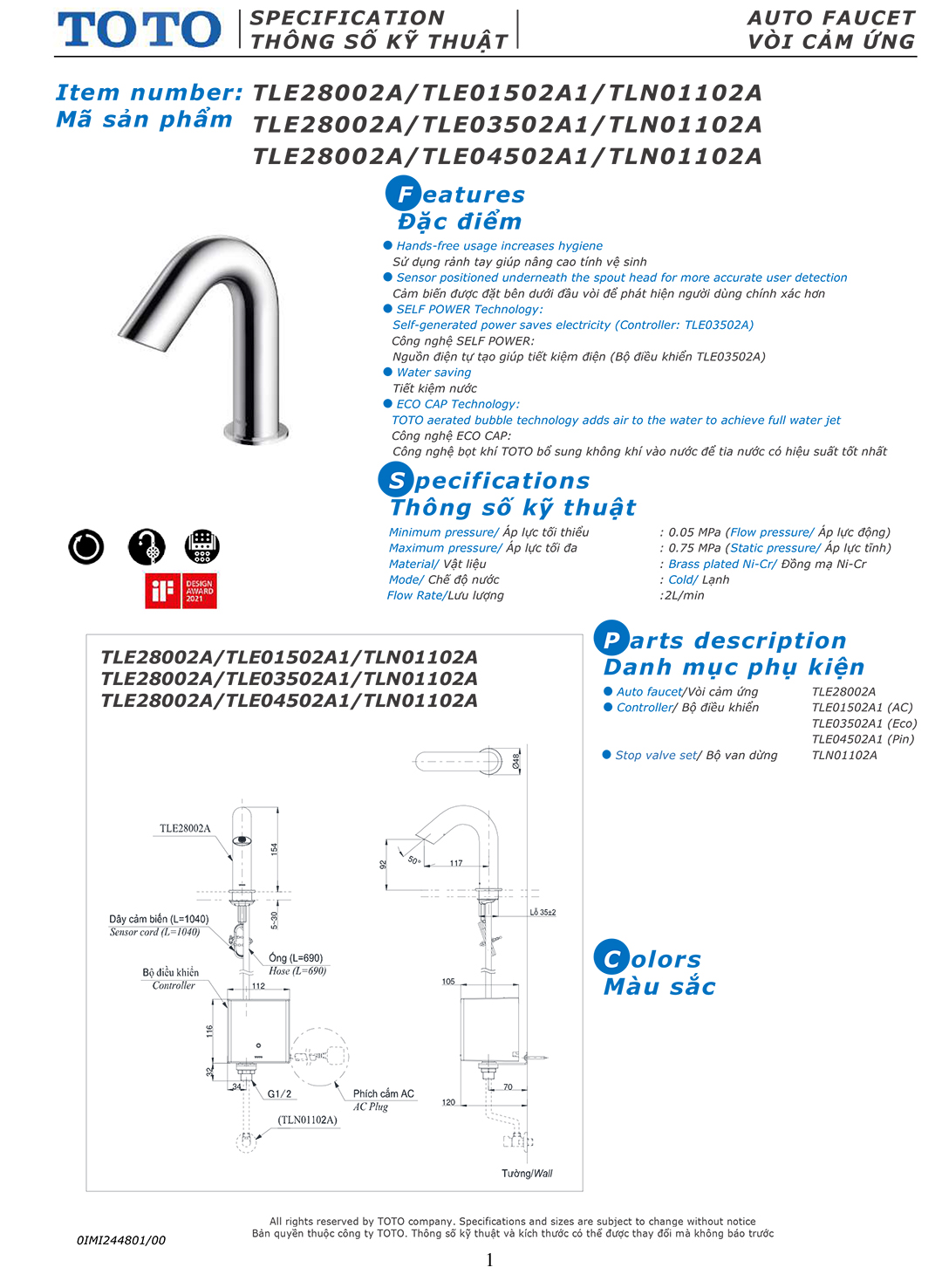 Ban ve thong so voi rua lavabo cam ung tu dong dong mo nuoc Toto Ban ve thong so ky thuat voi chau rua lavabo cam ung tu dong dong mo nuoc Toto TLE28002A chinh hang gia re tai Totovn.net