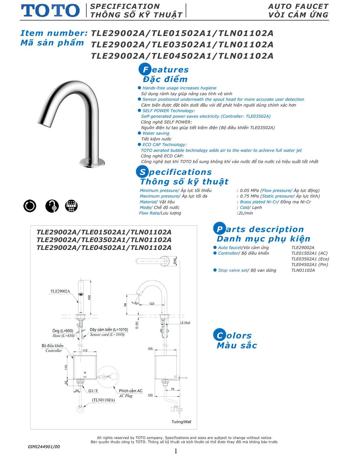 Ban ve thong so voi rua lavabo cam ung tu dong dong mo nuoc Toto Ban ve thong so ky thuat voi chau rua lavabo cam ung tu dong dong mo nuoc Toto TLE29002A chinh hang gia re tai Totovn.net