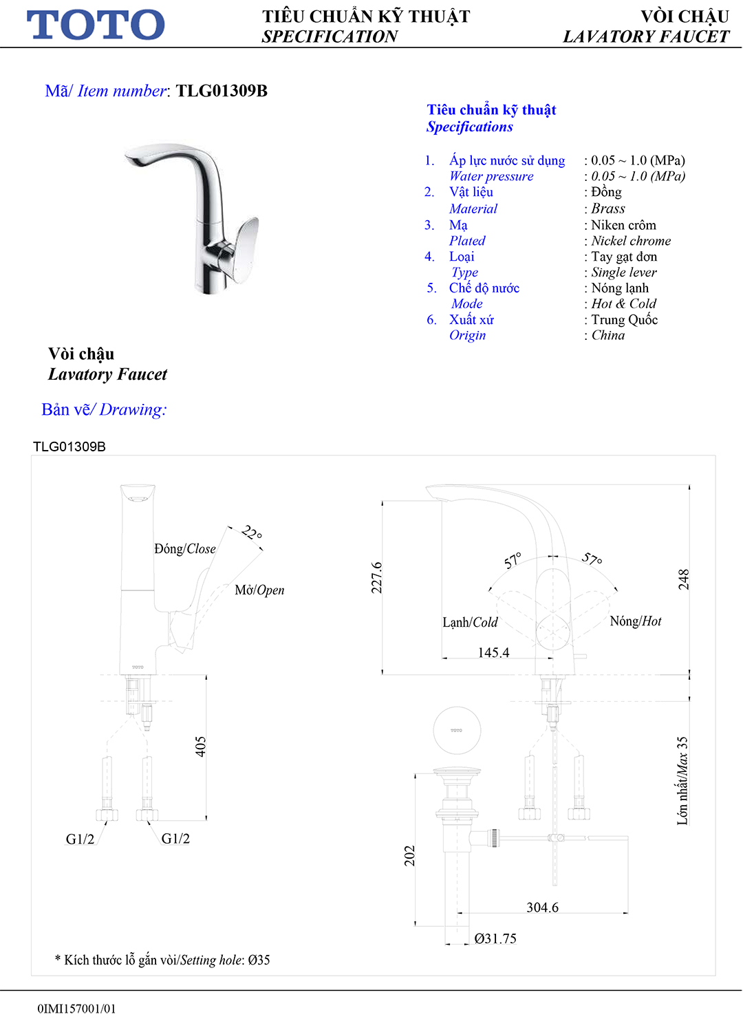 Ban ve thong so voi rua lavabo nong lanh Toto TLG01309B Ban ve thong so ky thuat voi chau rua lavabo nong lanh Toto TLG01309B chinh hang gia re tai Totovn.net