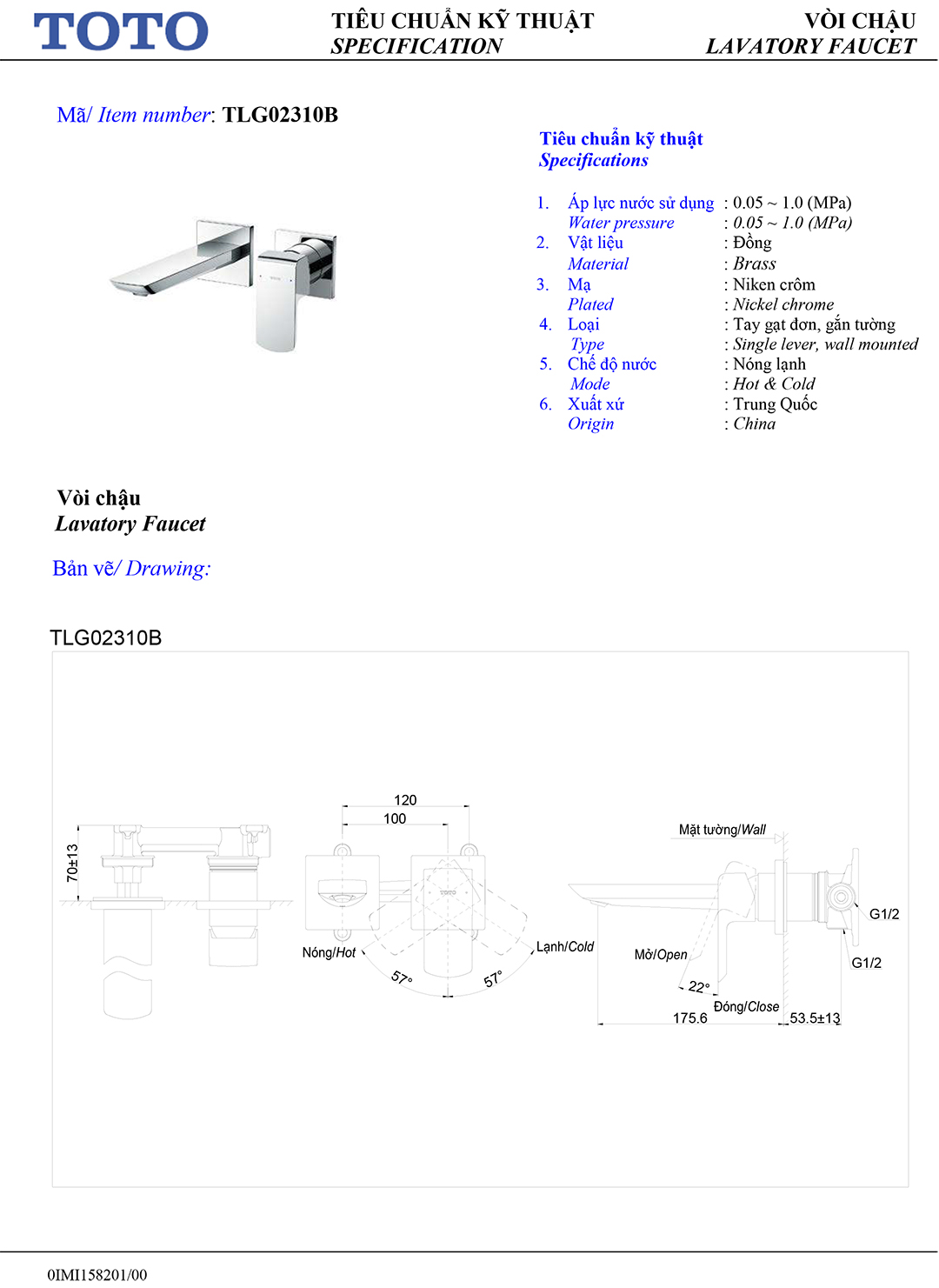 Ban ve thong so voi rua lavabo nong lanh Toto TLG02310B Ban ve thong so ky thuat voi chau rua lavabo nong lanh Toto TLG02310B chinh hang gia re tai Totovn.net