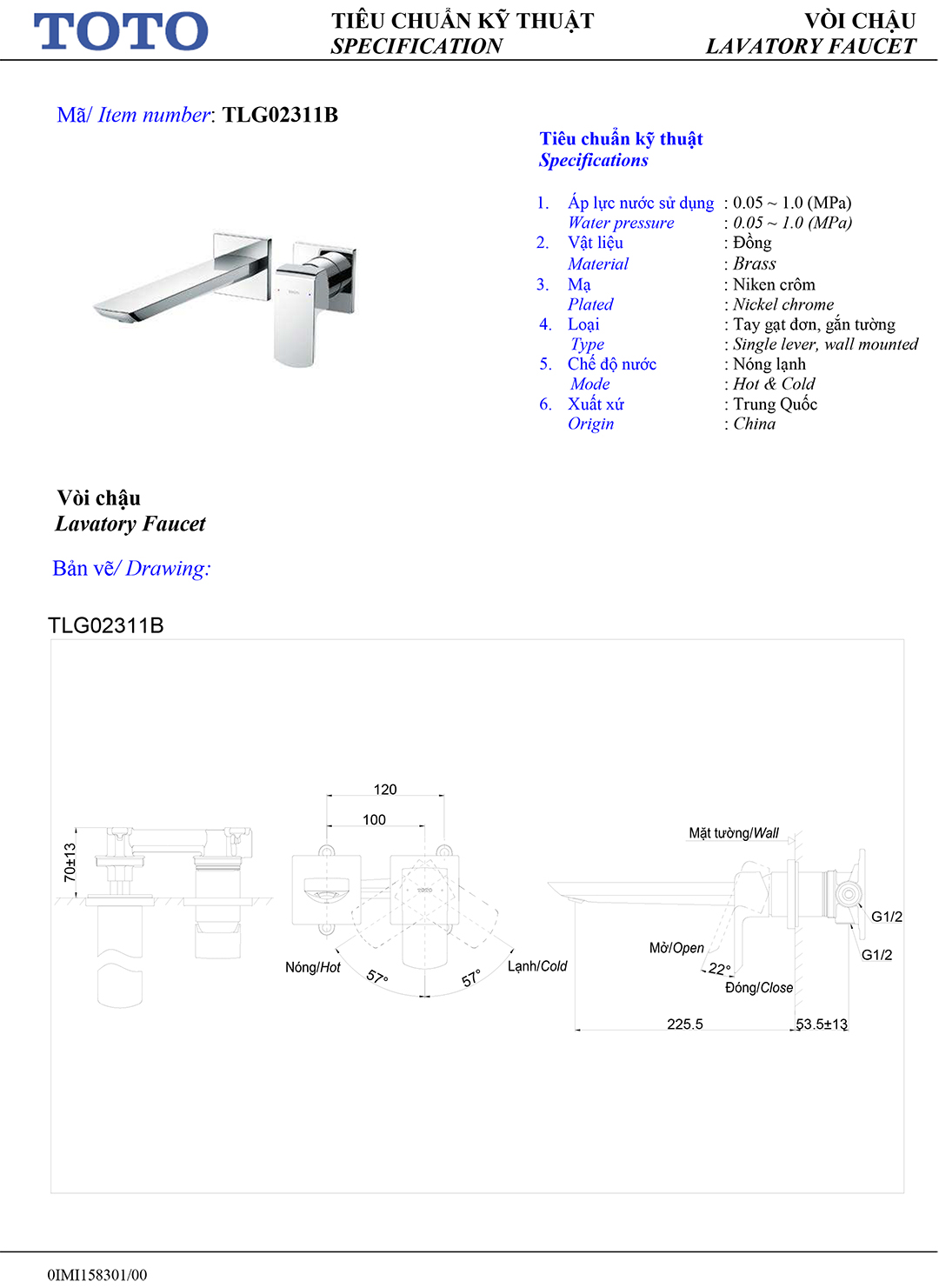 Ban ve thong so voi rua lavabo nong lanh Toto TLG02311B Ban ve thong so ky thuat voi chau rua lavabo nong lanh Toto TLG02311B chinh hang gia re tai Totovn.net