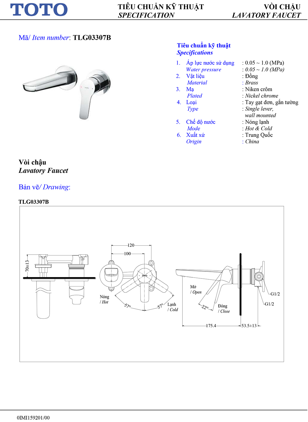 Ban ve thong so voi rua lavabo nong lanh Toto TLG03307B Ban ve thong so ky thuat voi chau rua lavabo nong lanh Toto TLG03307B chinh hang gia re tai Totovn.net