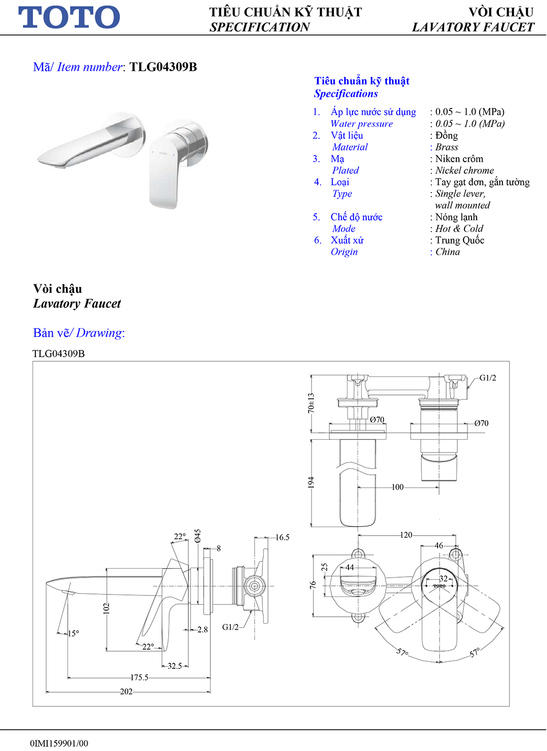 Ban ve thong so voi rua lavabo nong lanh Toto TLG04309BB Ban ve thong so ky thuat voi chau rua lavabo nong lanh Toto TLG04309BB chinh hang gia re tai Totovn.net