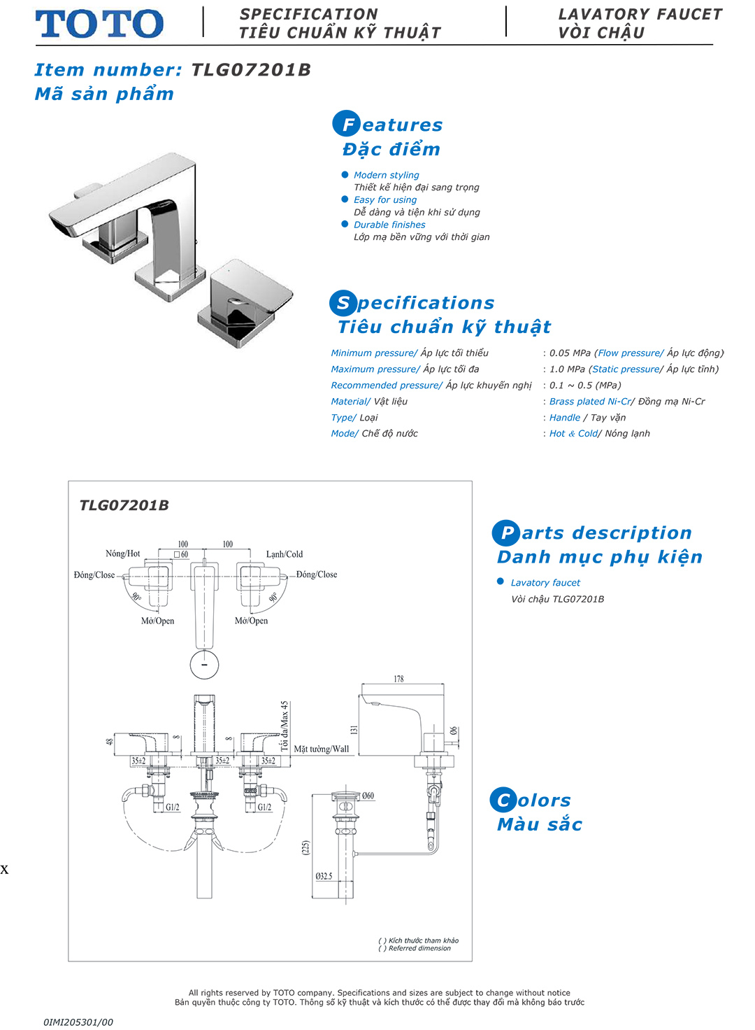 Bản vẽ thông số kỹ thuật của vòi chậu rửa lavabo nóng lạnh TOTO TLG07201BA chính hãng gía rẻ tại Totovn.net