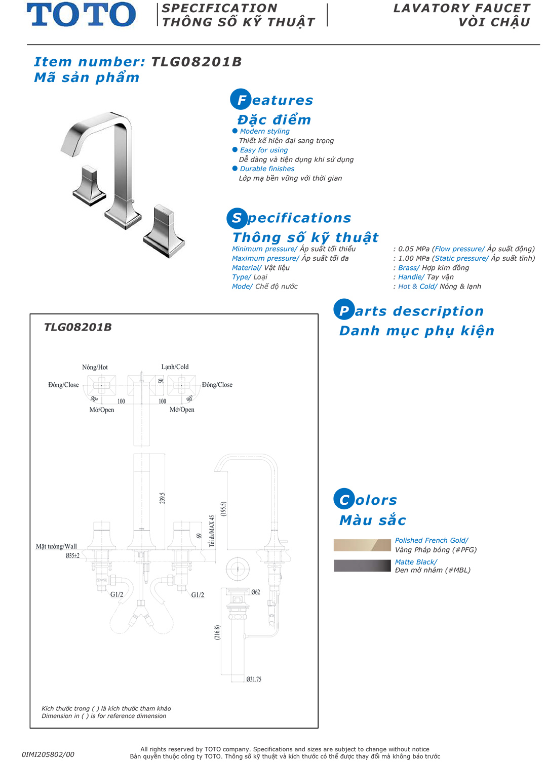 Bản vẽ thông số kỹ thuật của vòi chậu rửa lavabo nóng lạnh TOTO TLG08201B chính hãng gía rẻ tại Totovn.net