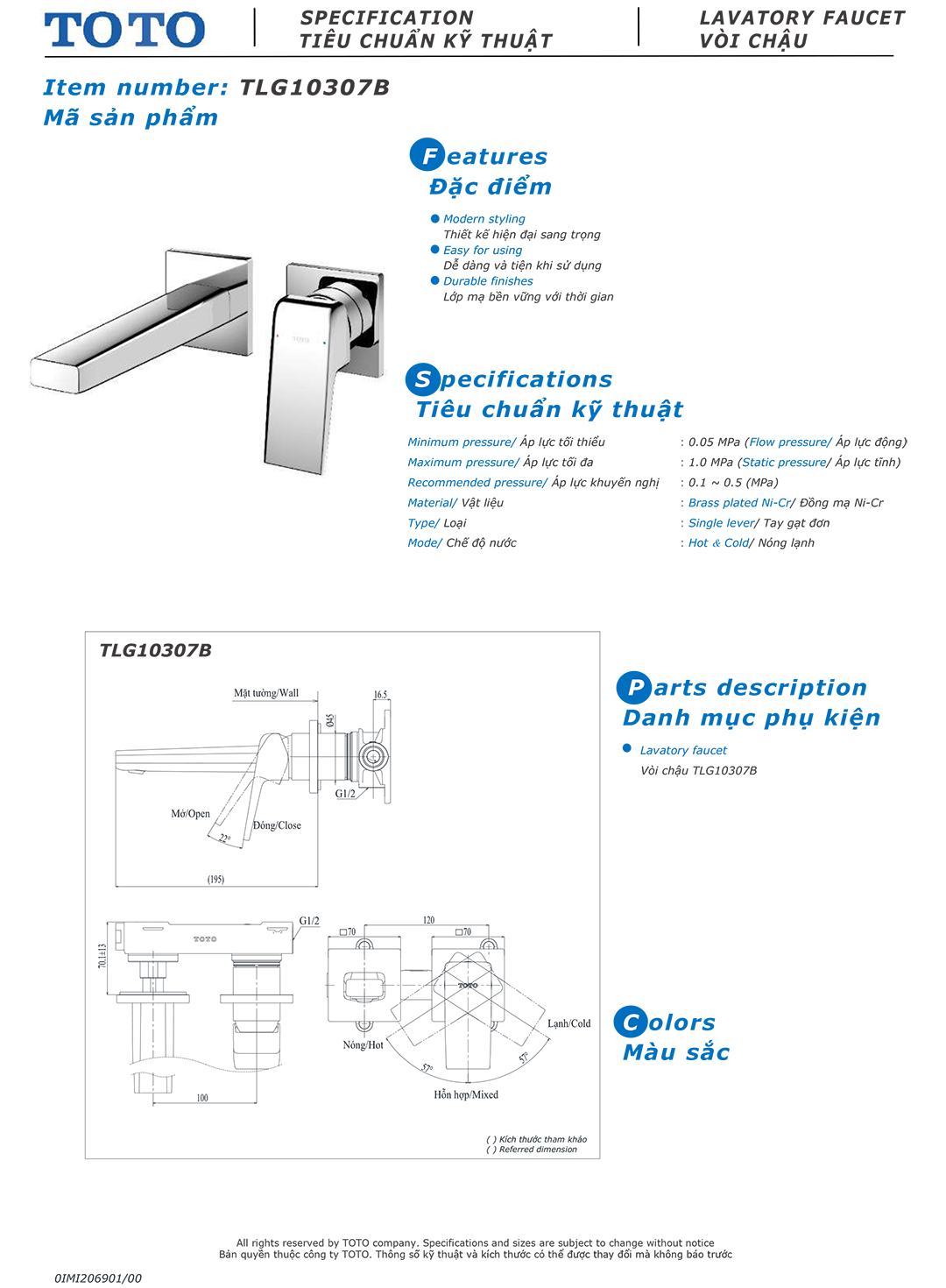 Ban ve thong so voi rua lavabo nong lanh Toto TLG10307B Ban ve thong so ky thuat voi chau rua lavabo nong lanh Toto TLG10307B chinh hang gia re tai Totovn.net