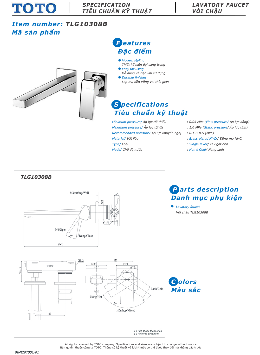 Ban ve thong so voi rua lavabo nong lanh Toto TLG10308B Ban ve thong so ky thuat voi chau rua lavabo nong lanh Toto TLG10308B chinh hang gia re tai Totovn.net