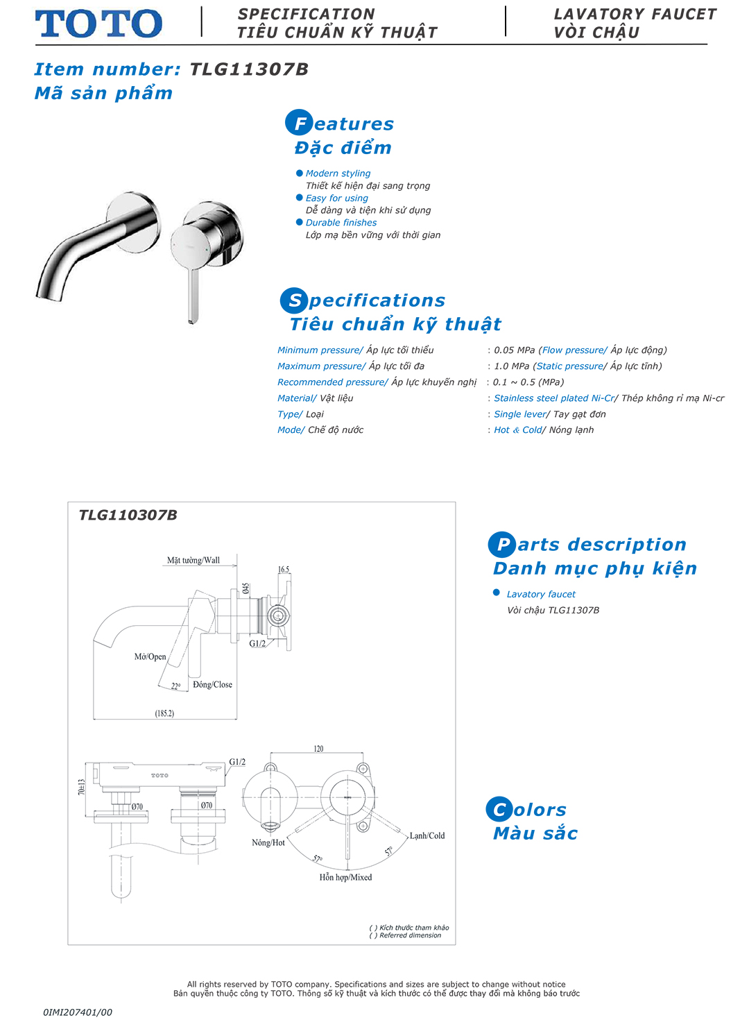 Ban ve thong so voi rua lavabo nong lanh Toto TLG11307B Ban ve thong so ky thuat voi chau rua lavabo nong lanh Toto TLG11307B chinh hang gia re tai Totovn.net
