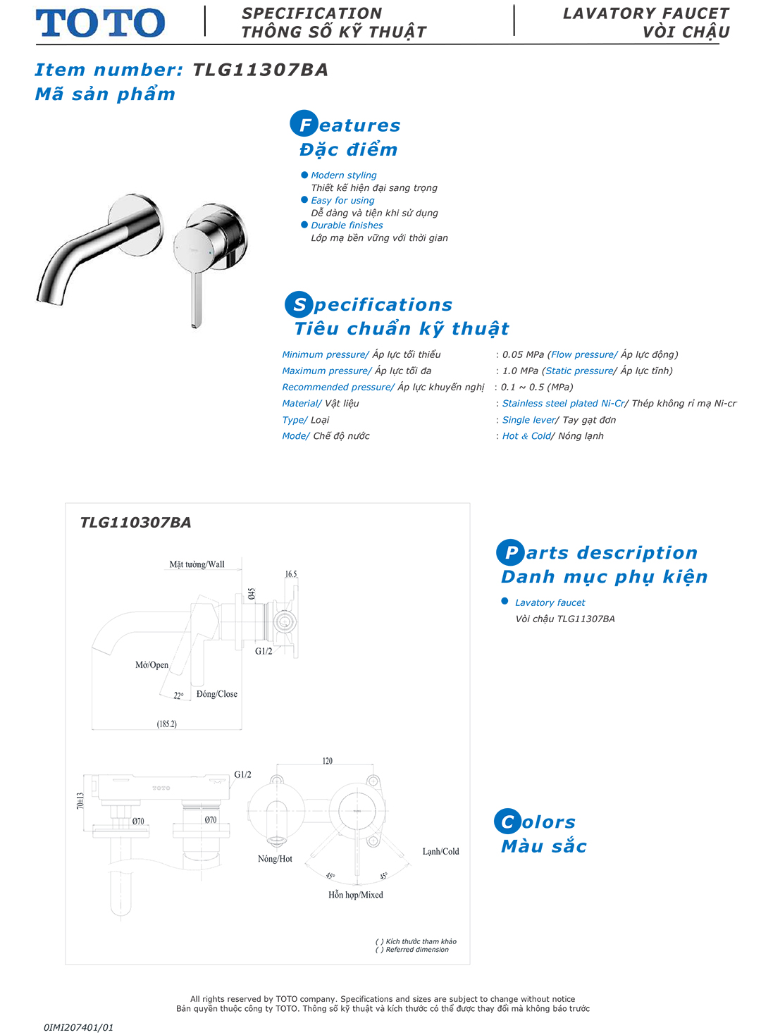 Ban ve thong so voi rua lavabo nong lanh Toto TLG11307BA Ban ve thong so ky thuat voi chau rua lavabo nong lanh Toto TLG11307BA chinh hang gia re tai Totovn.net
