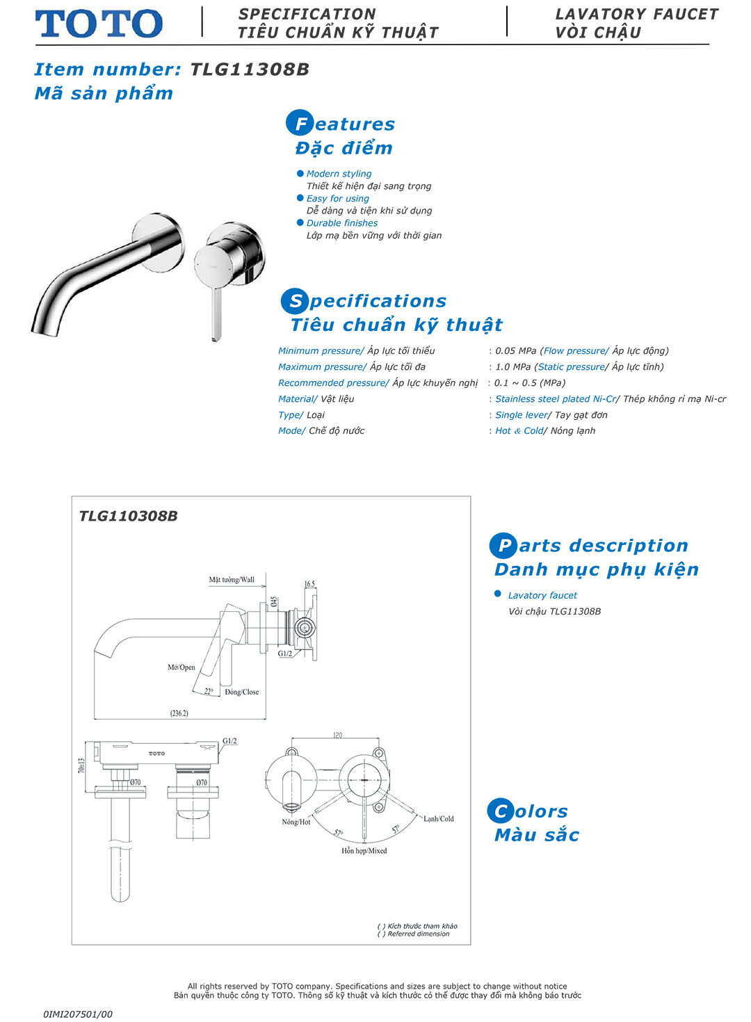 Ban ve thong so voi rua lavabo nong lanh Toto TLG11308B Ban ve thong so ky thuat voi chau rua lavabo nong lanh Toto TLG11308B chinh hang gia re tai Totovn.net