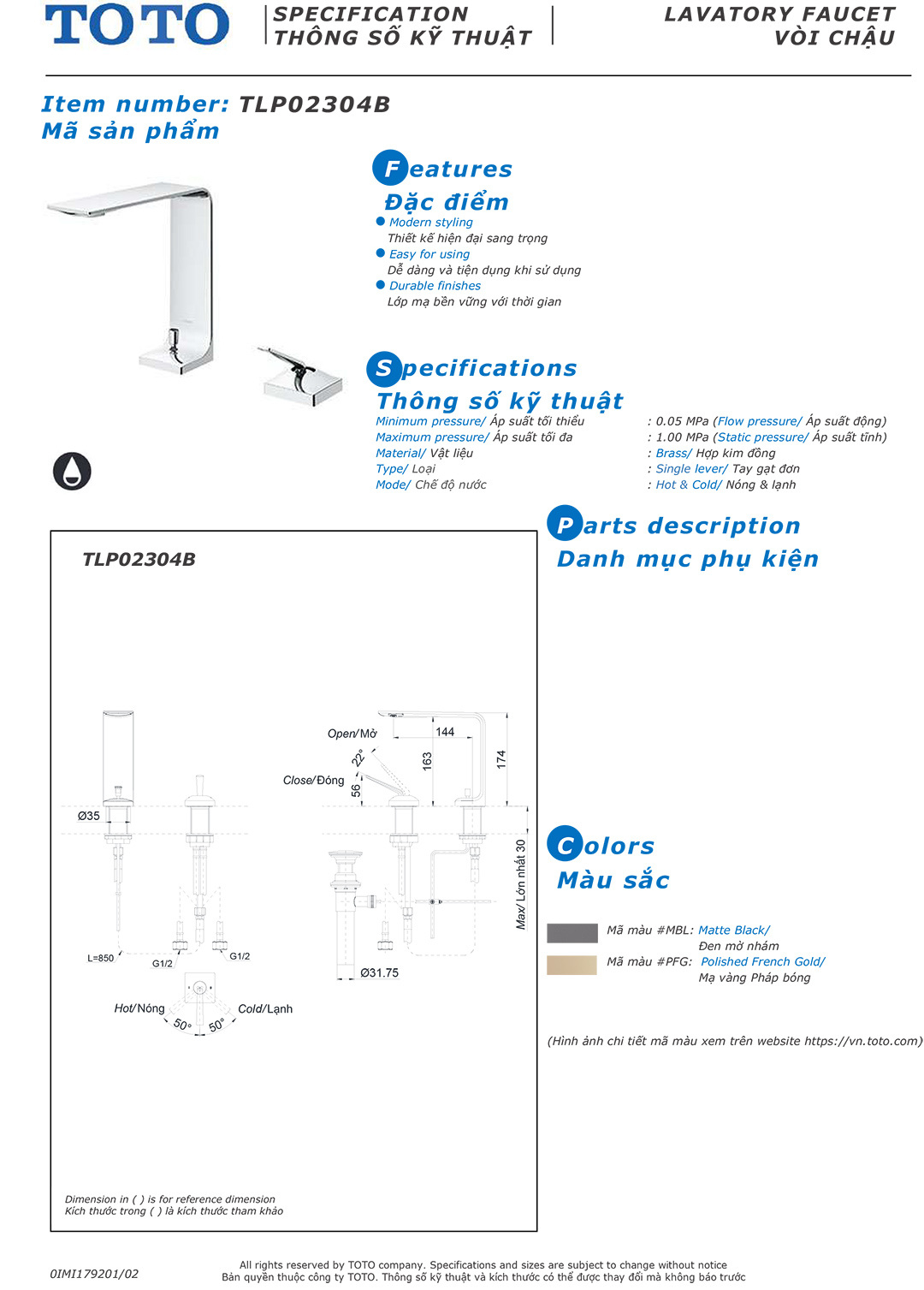 Bản vẽ thông số kỹ thuật của vòi chậu rửa lavabo nóng lạnh TOTO TLP02304B chính hãng gía rẻ tại Totovn.net