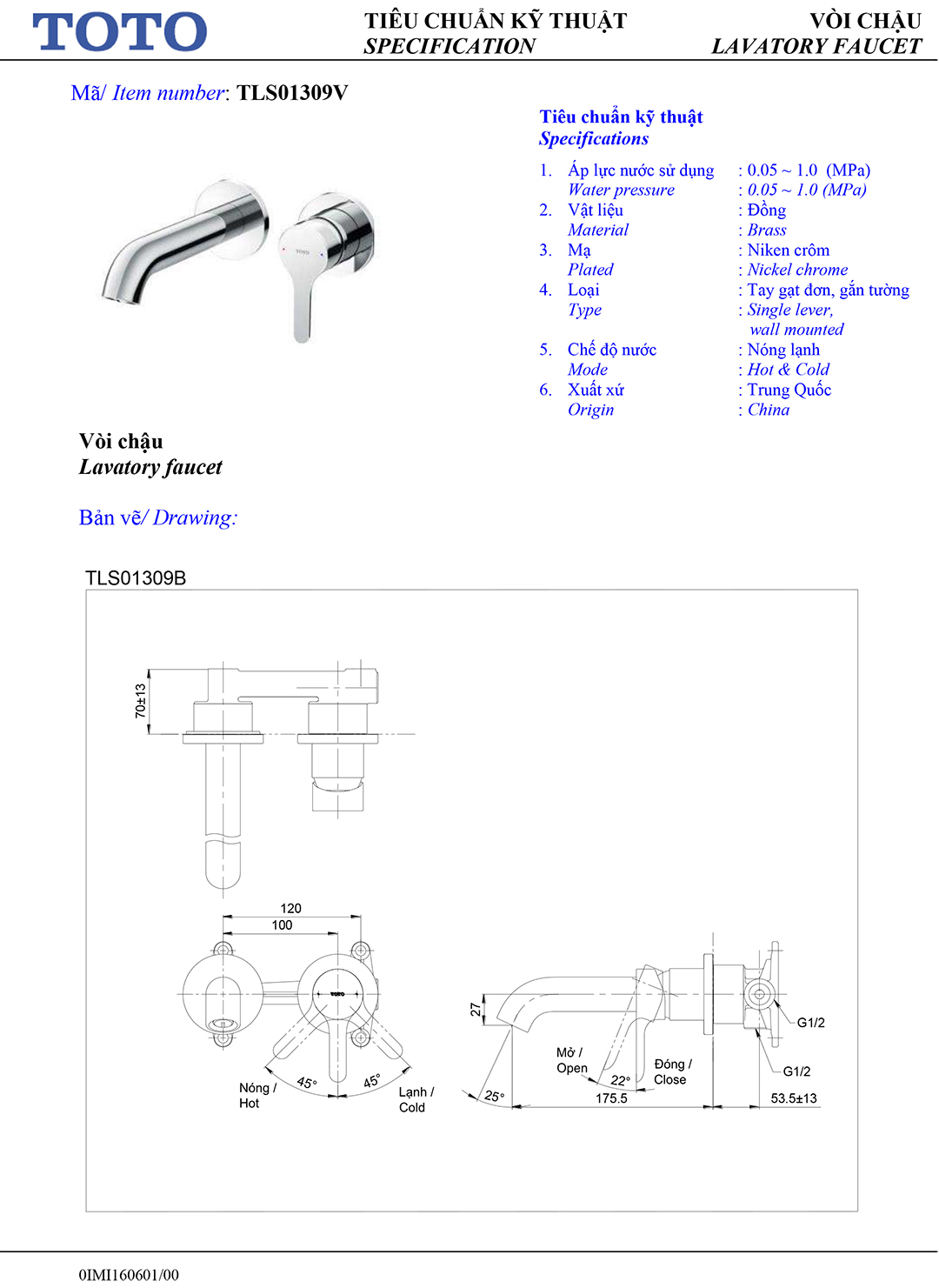 Ban ve thong so voi rua lavabo nong lanh Toto TLS01309B Ban ve thong so ky thuat voi chau rua lavabo nong lanh Toto TLS01309B chinh hang gia re tai Totovn.net